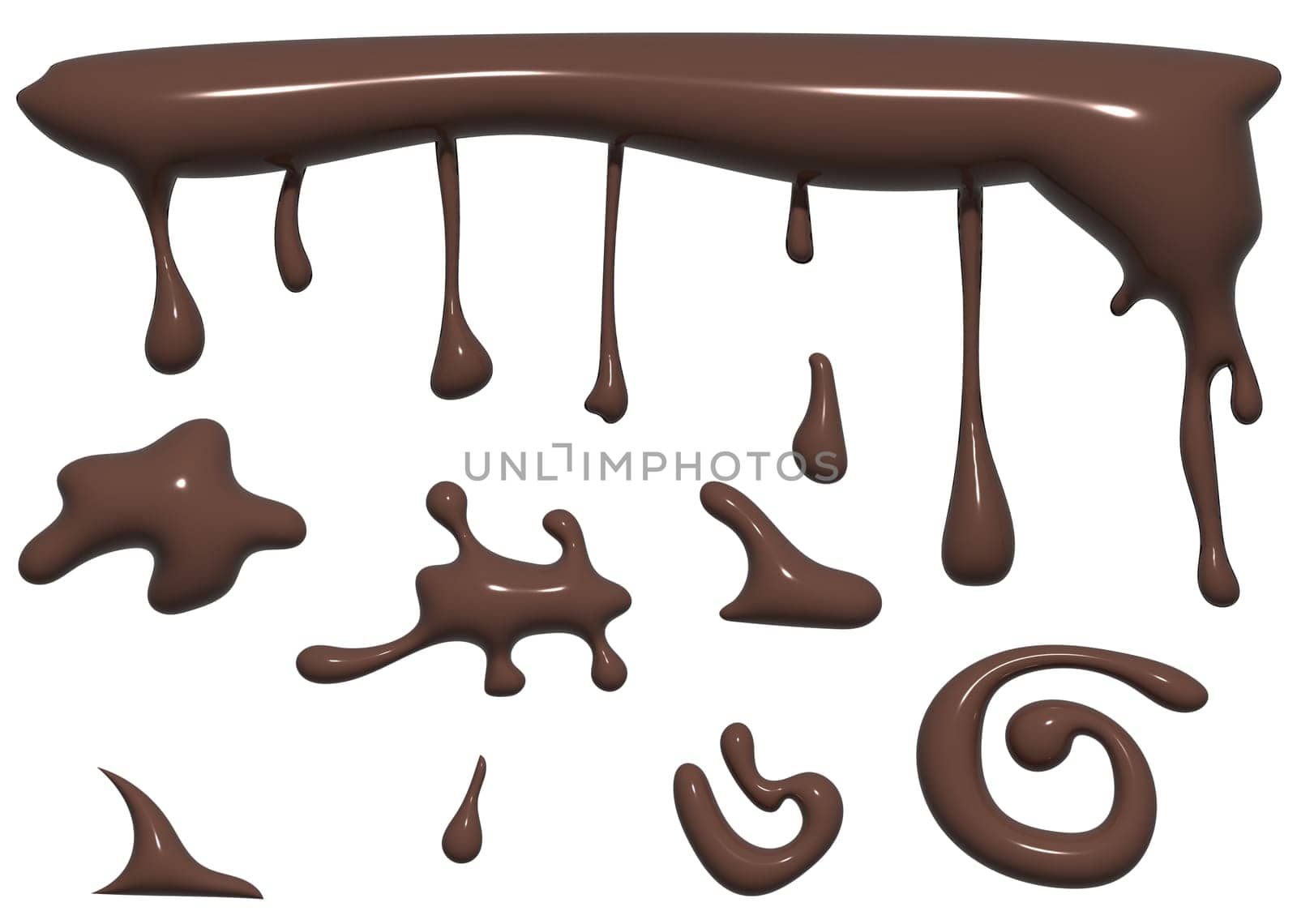 Various brown shapes and smudges, imitation chocolate, 3D rendering illustration