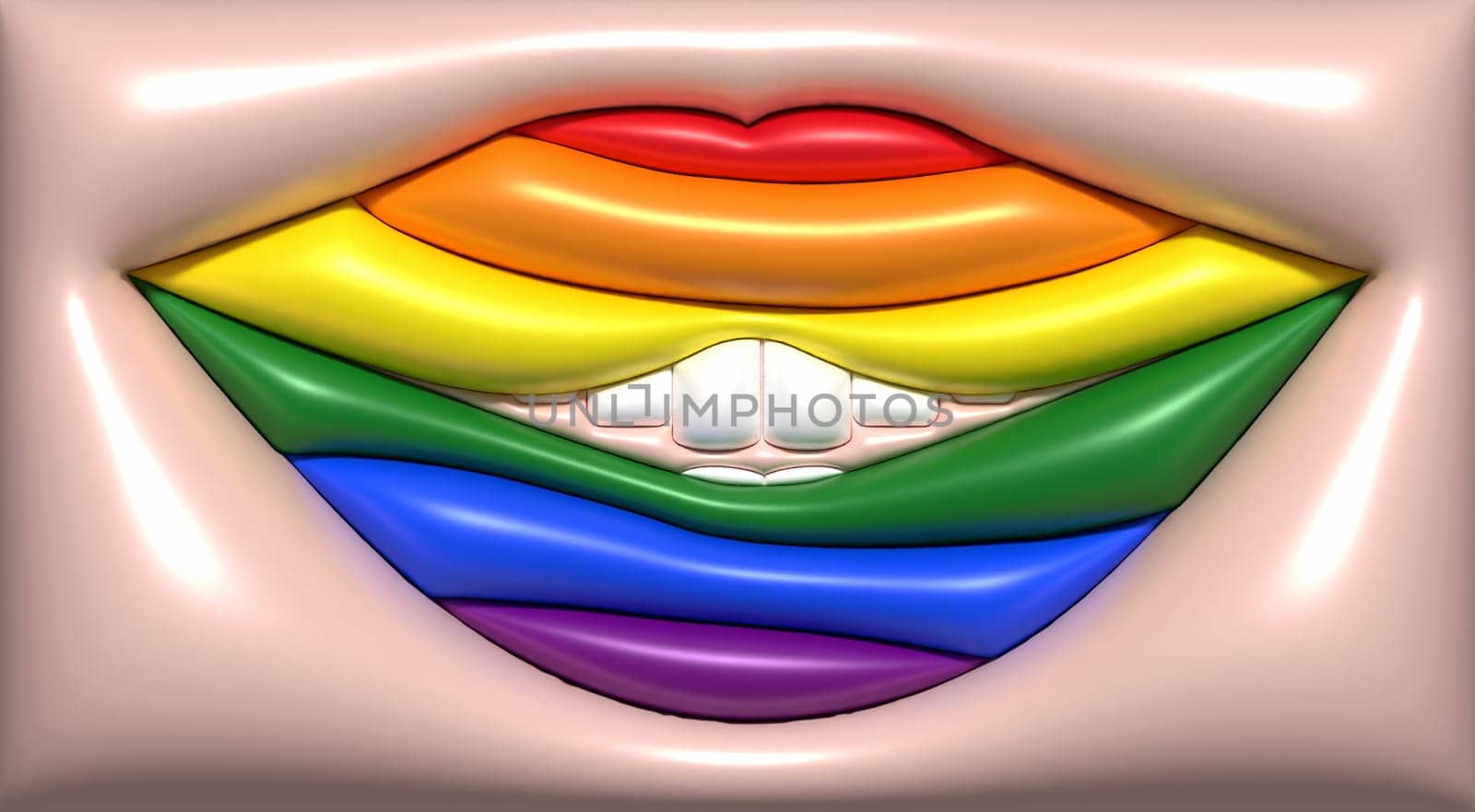 Lips in the colors of the LGBT flag on a beige background, 3D rendering illustration