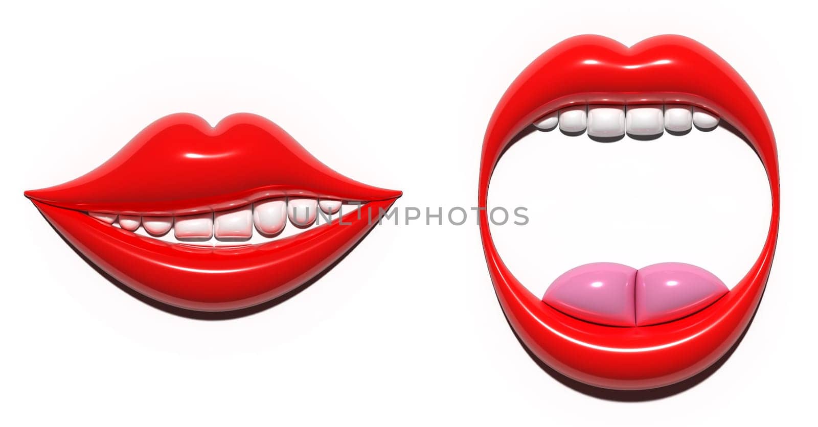 Open mouth with red lips, white teeth and mouth with a smile, grin. 3D rendering illustration