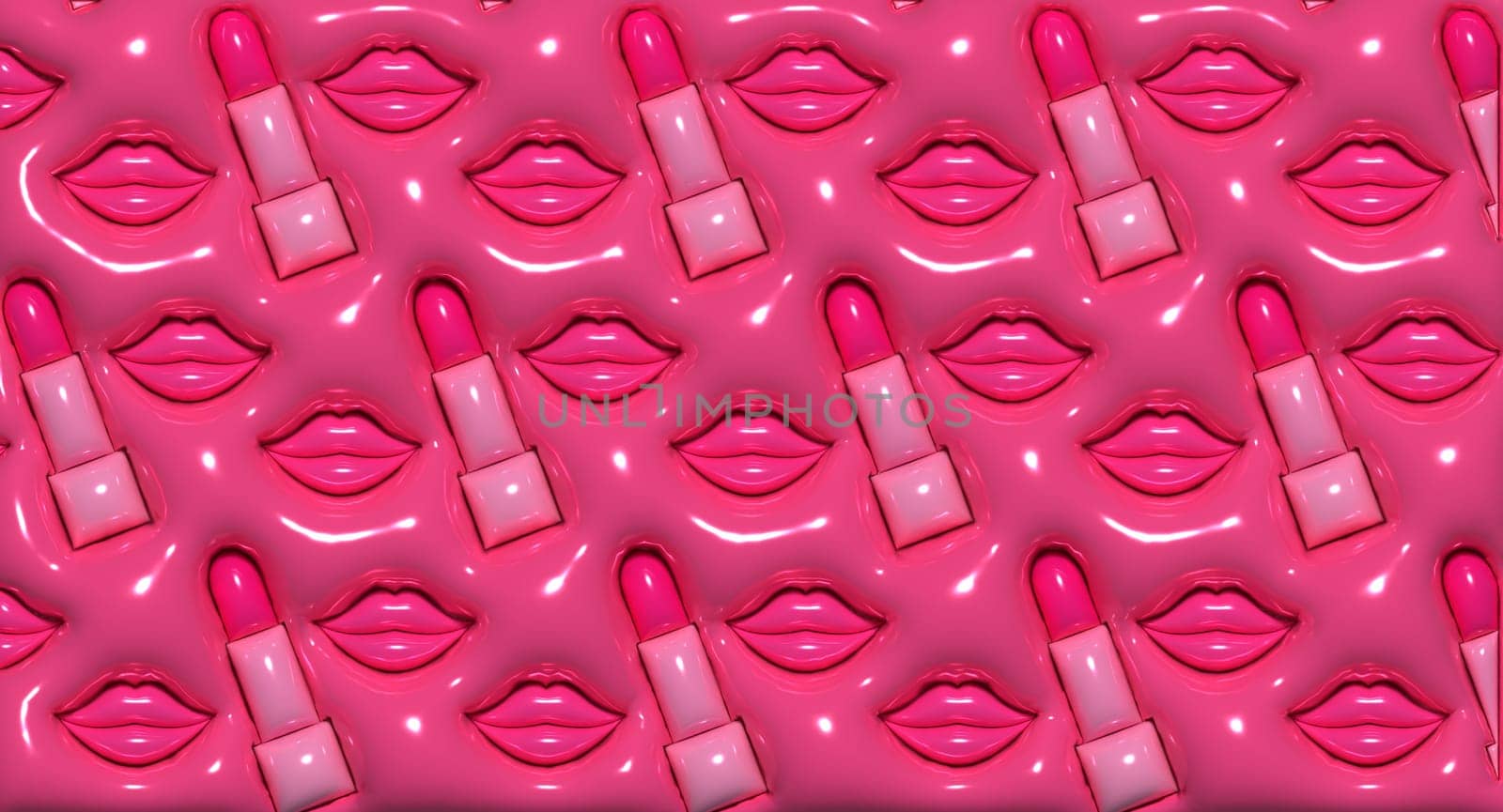 Pink lipstick and pink lips on a pink background, repeating pattern. 3D rendering illustration