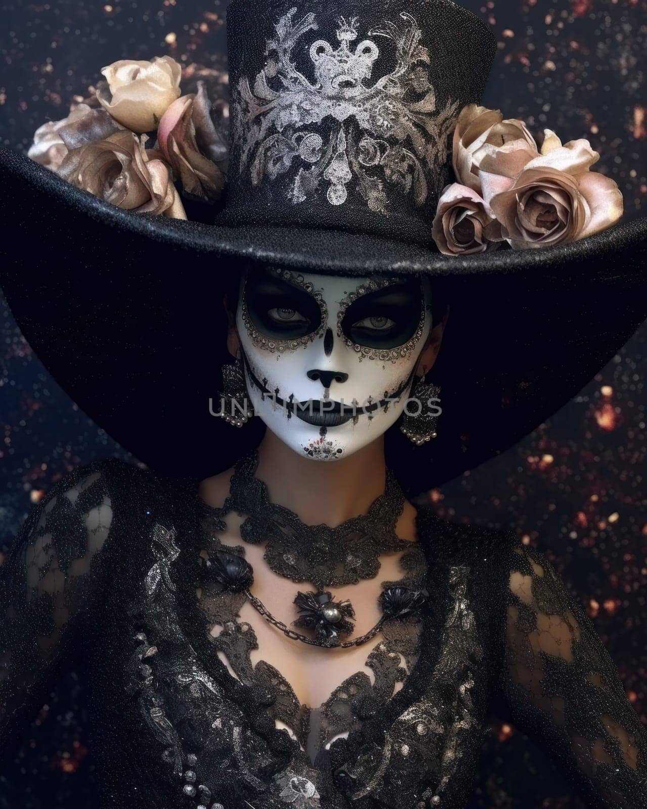 Woman with sugar skull make-up wearing a hat with flowers. close-up.Dia de los muertos, mexican holiday of the dead. Generative AI