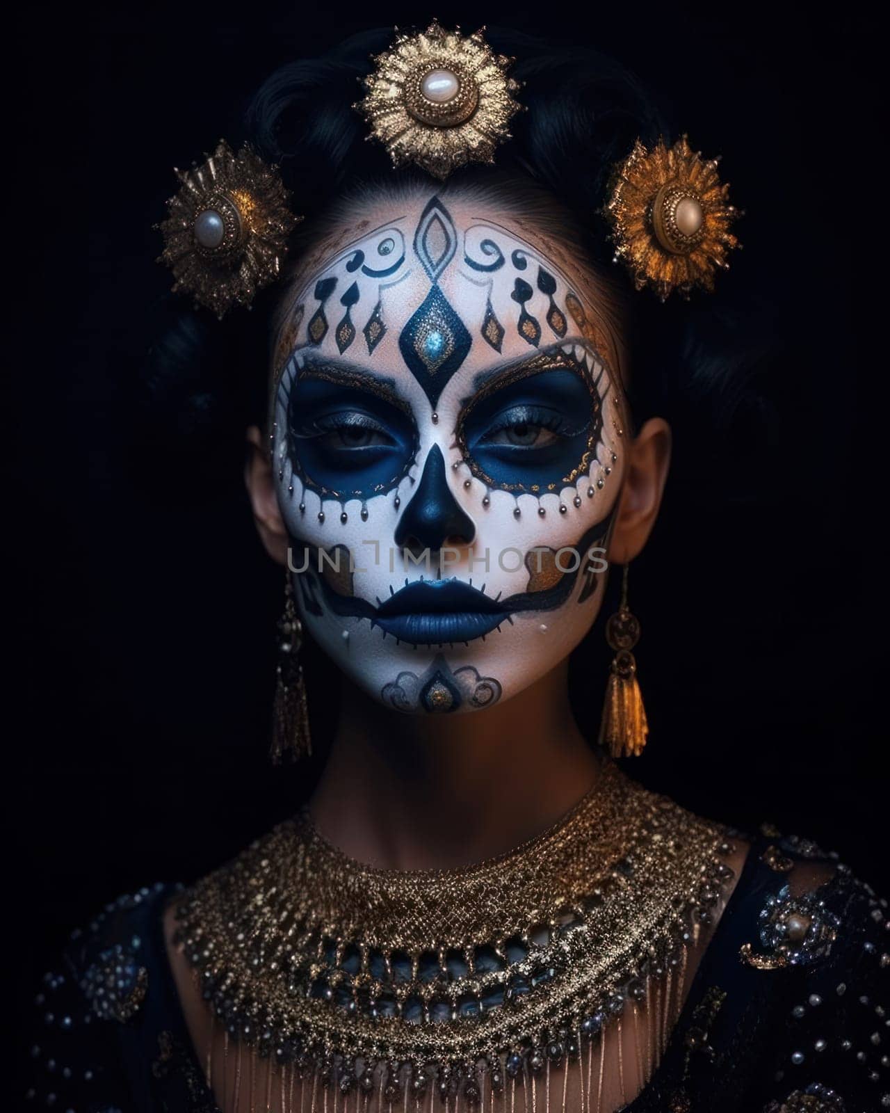 Woman with sugar skull makeup and flowers. close-up. Dia de los muertos, mexican holiday of the dead. Generative AI