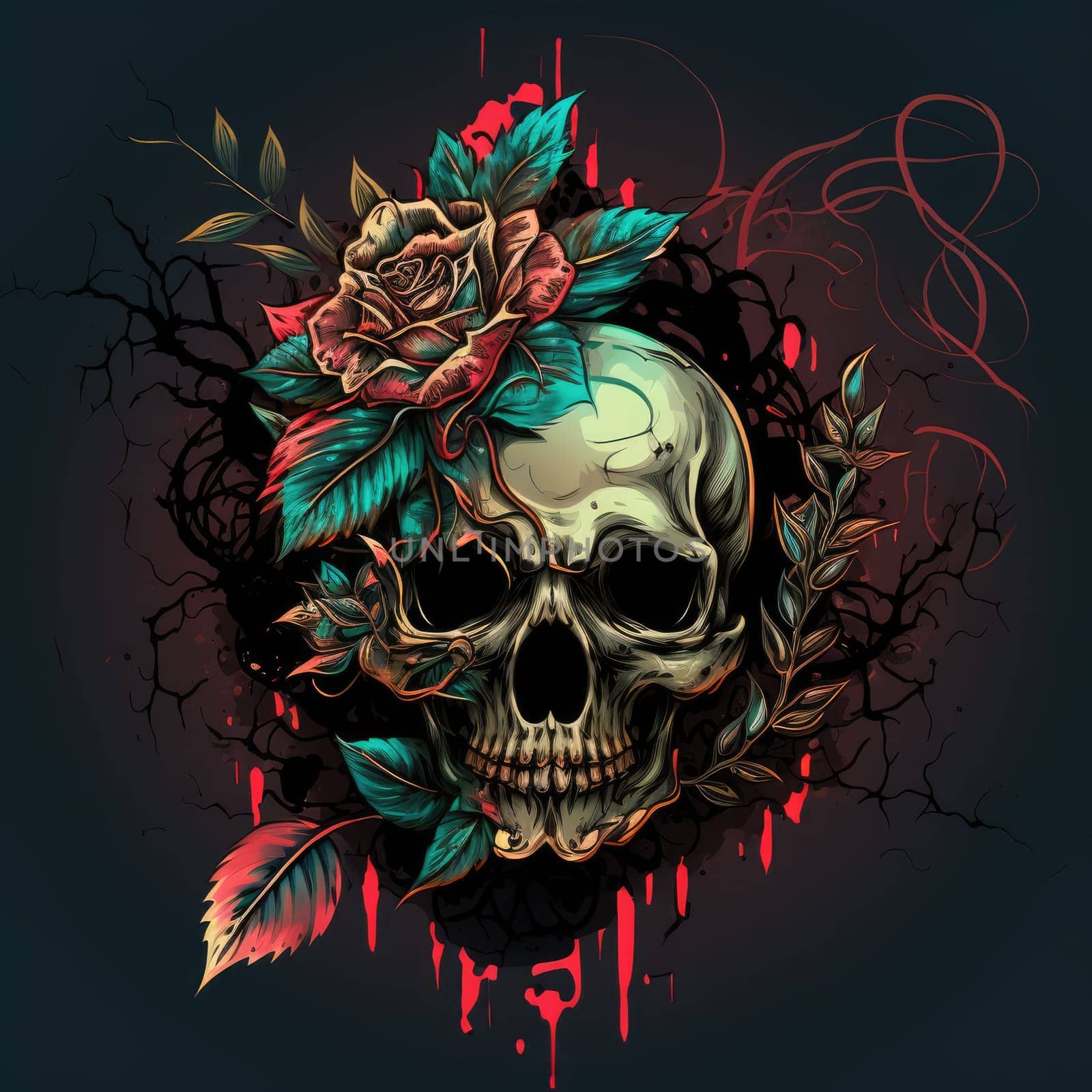 colorful sugar skull decorated with intricate floral patterns on a dark background