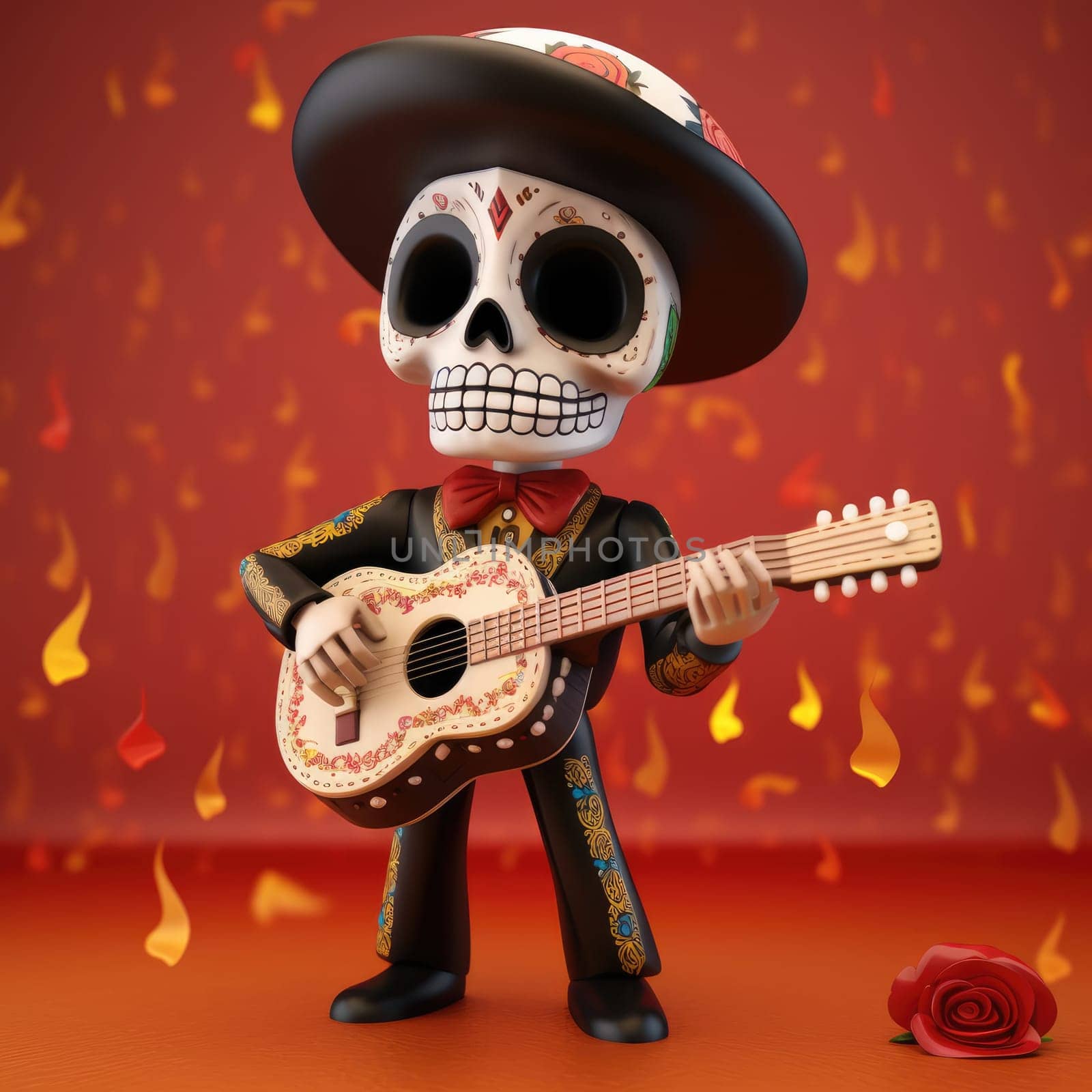 a skeleton with a Mexican sombrero plays the guitar in flowers, on a blurred background
