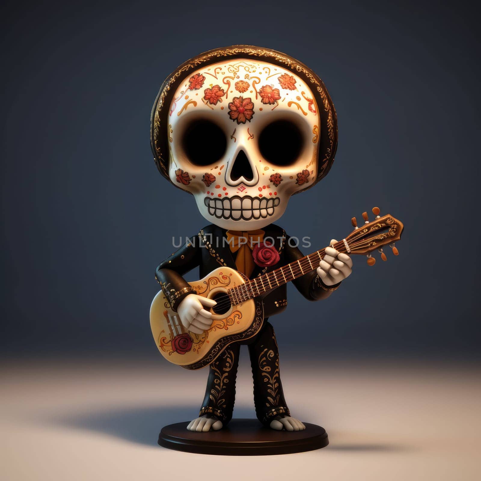 a skeleton plays the guitar in flowers, on a blurred background