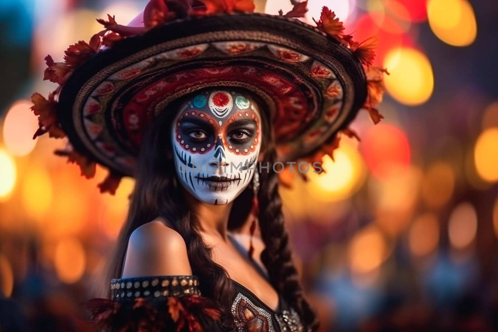 close-up young woman with make-up at the festival Day of the Dead - Dia de los Muertos - a holiday dedicated to the memory of the dead.against the backdrop of illumination.