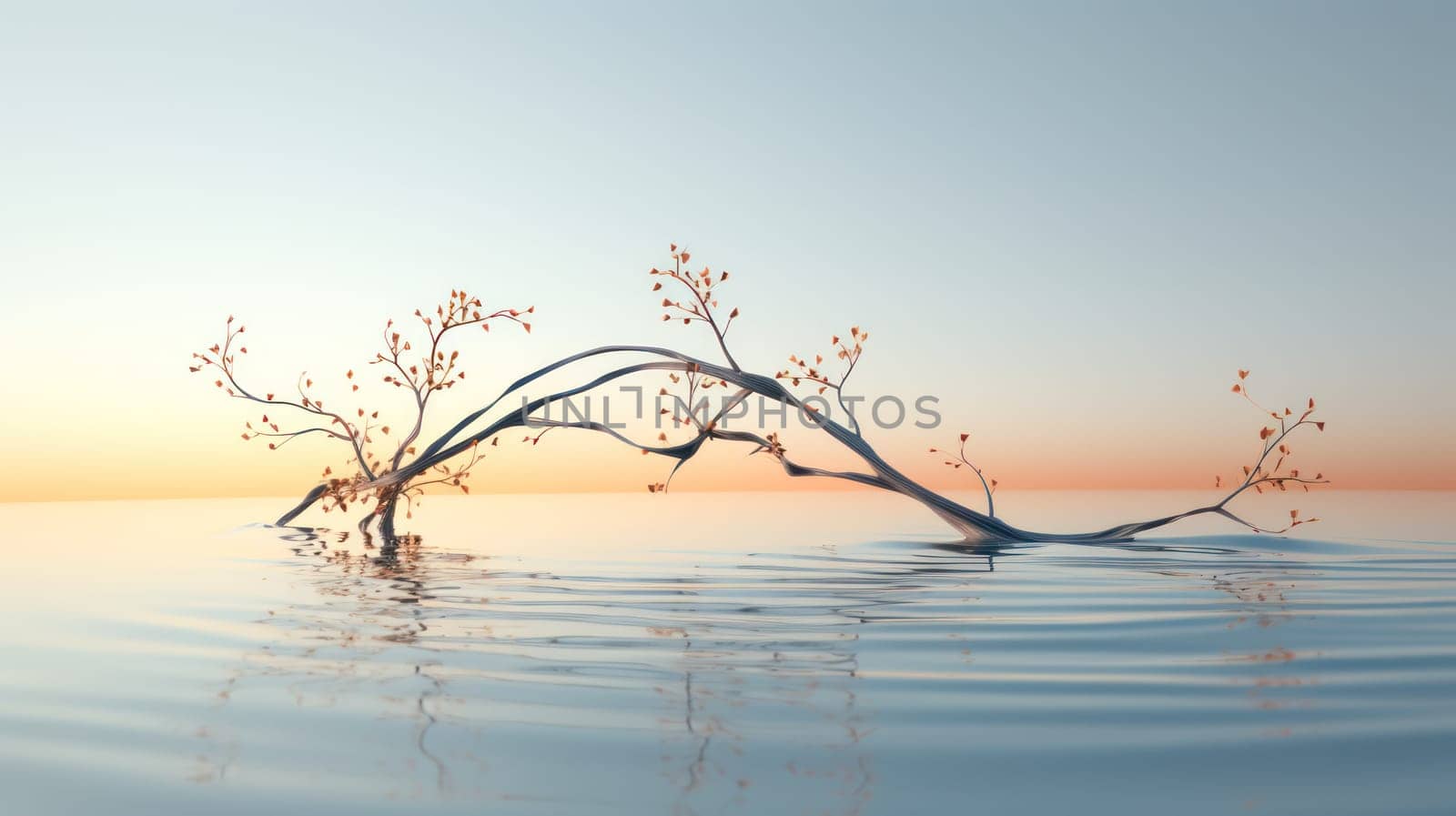 a thin graceful branch is reflected in the clear water of a pond on a foggy morning.