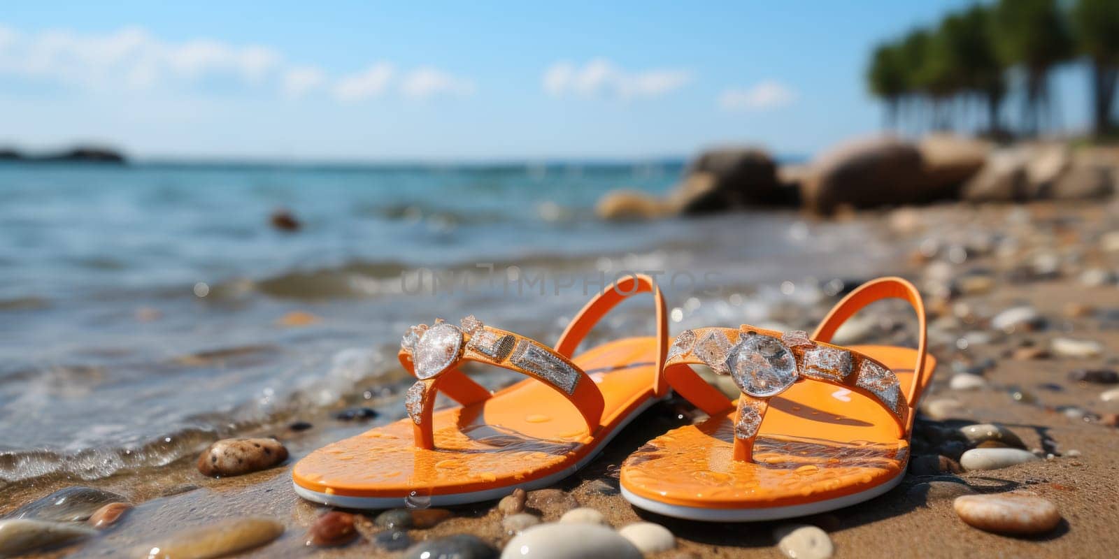 orange sandals on the beach near the water on a hot day.travel and vacation concept