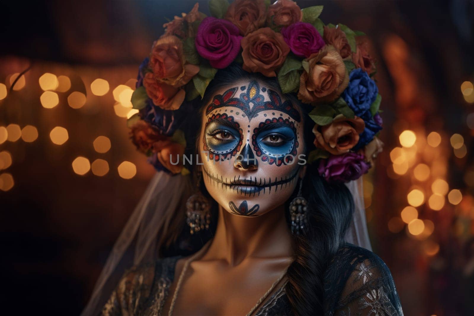 close-up young woman with make-up at the festival Day of the Dead - Dia de los Muertos, a holiday dedicated to the memory of the dead.against the backdrop of illumination.