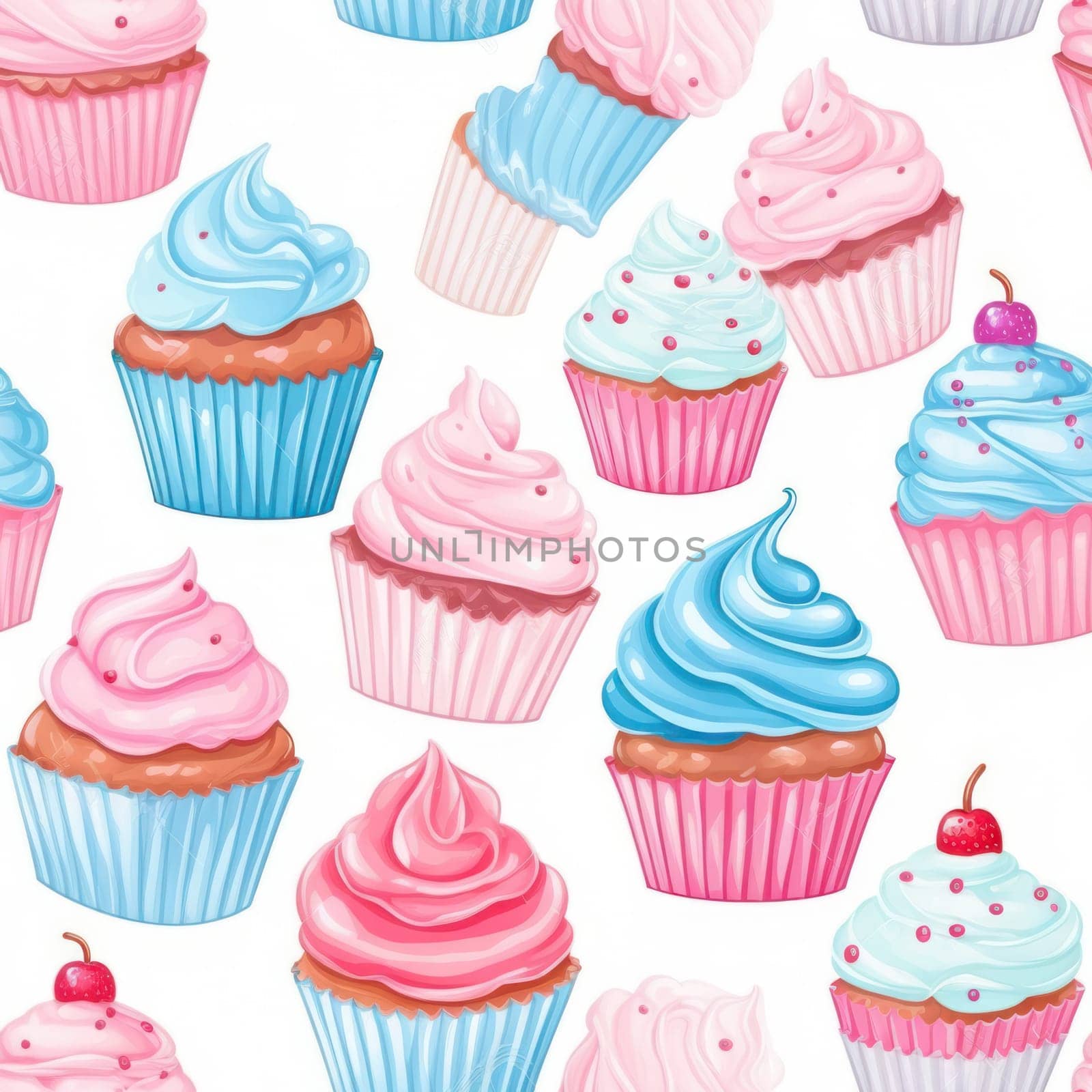 Seamless pattern with watercolor cupcakes on a white background in pink and blue tones. watercolor illustration for wrapping paper, textile, wallpaper, cards and menu