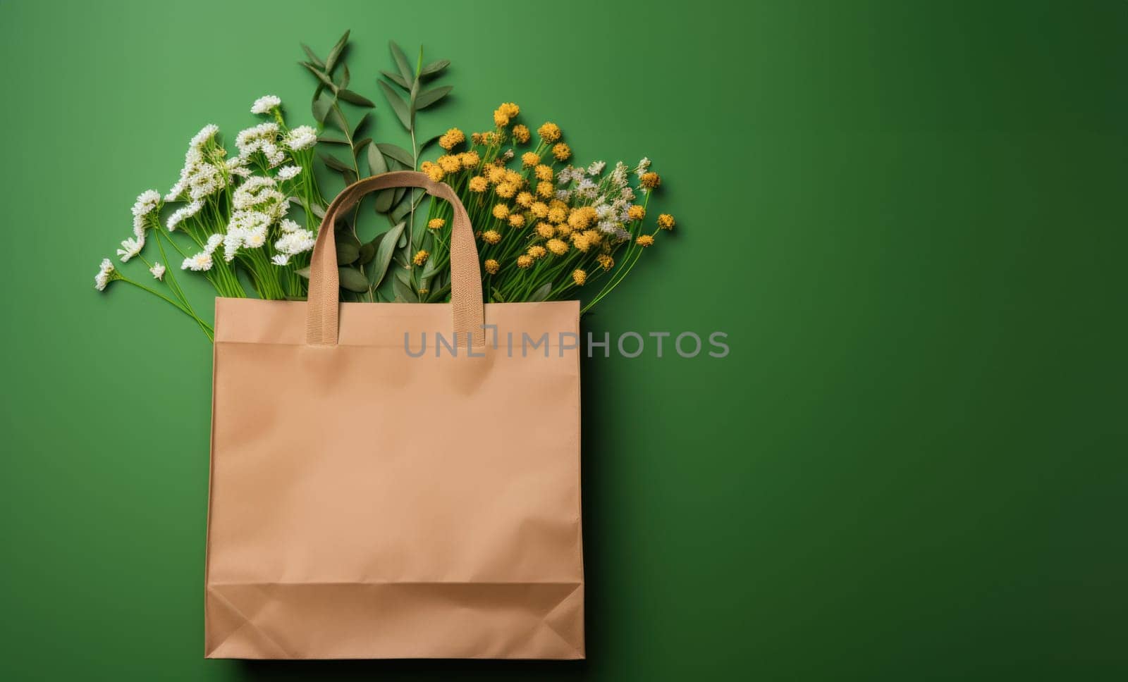 Shopping bag made of recycled brown paper with a handle and green leaves on a green background. eco concept. Zero waste. Top view, flat lay, copy space.