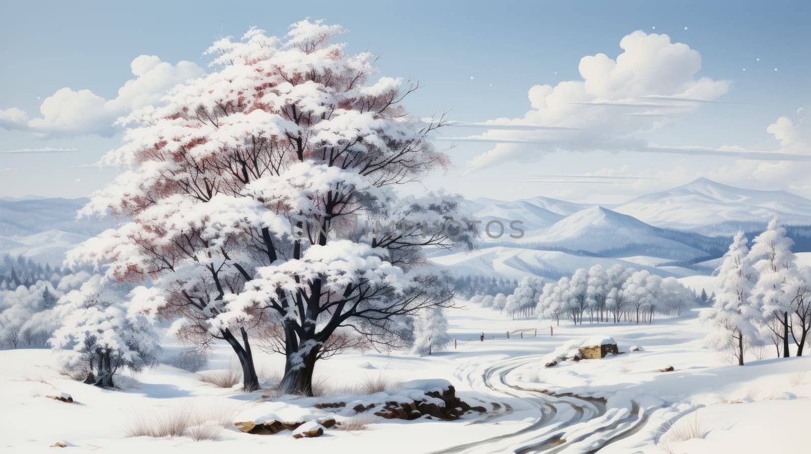 winter landscape with snowy fir trees against the backdrop of mountains in the distance. Christmas concept.