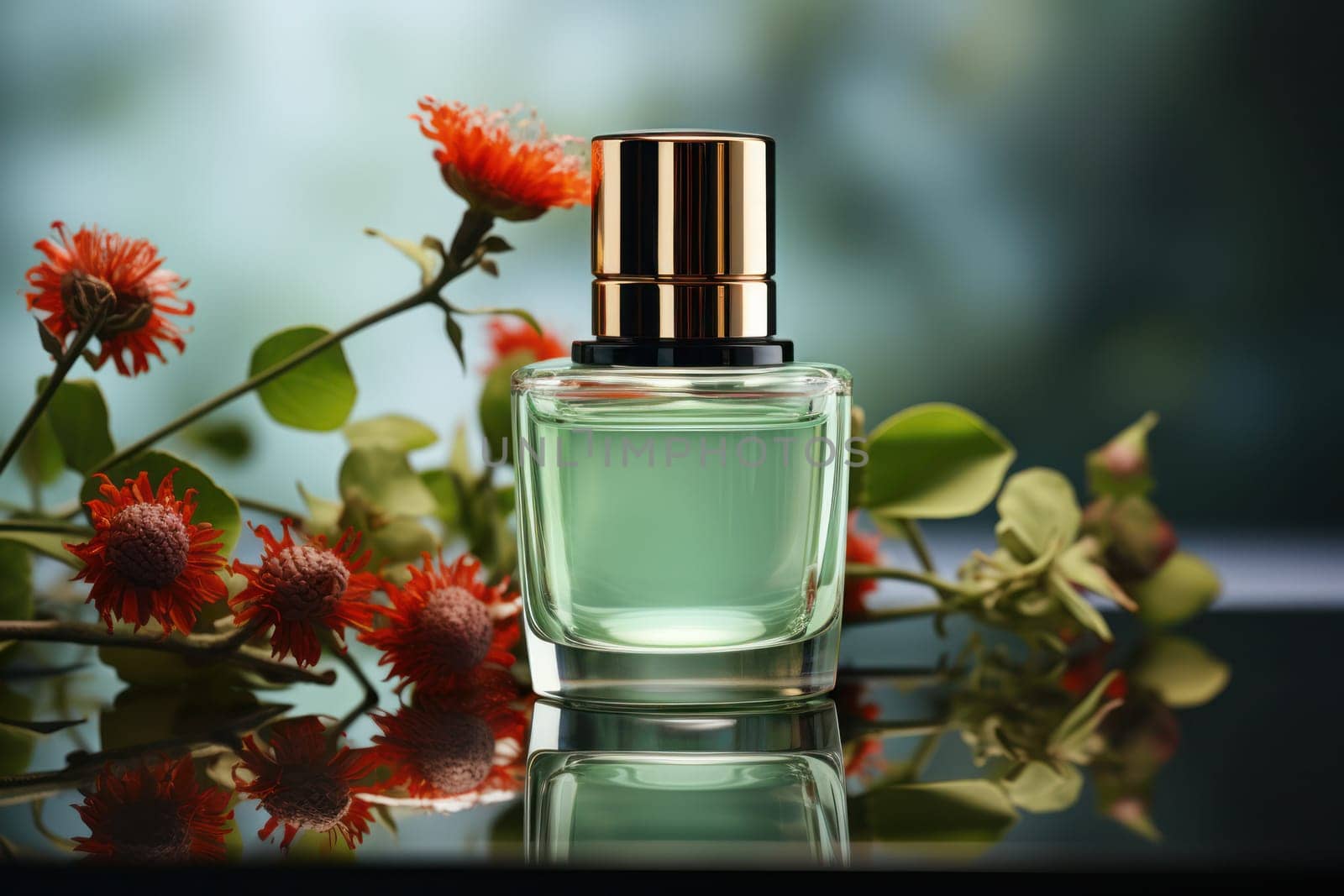 Cosmetic glass bottle of luxury product on blurred eco background. product presentation, demonstration of cosmetic products.Modern stylish bottle