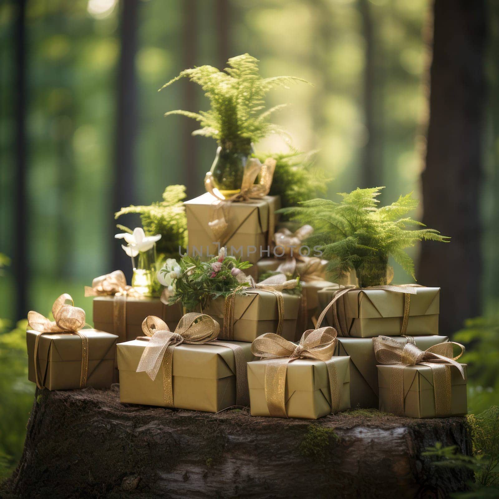 many beautiful gift boxes tied with ribbons and decorated with greenery stand in the forest. Design elements for a celebration, important event, wedding or Christmas.