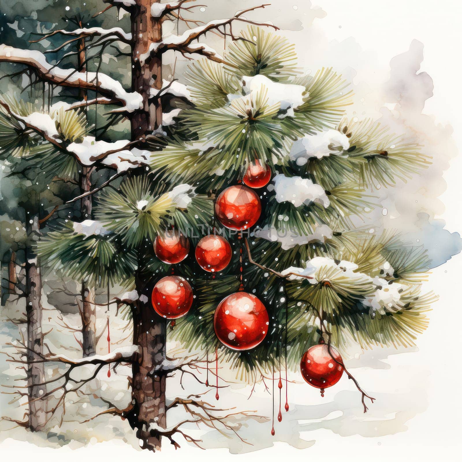 a red balls hanging on a Christmas tree branch covered with snow. Christmas background on a greeting card in watercolor style. free space for text. copy space