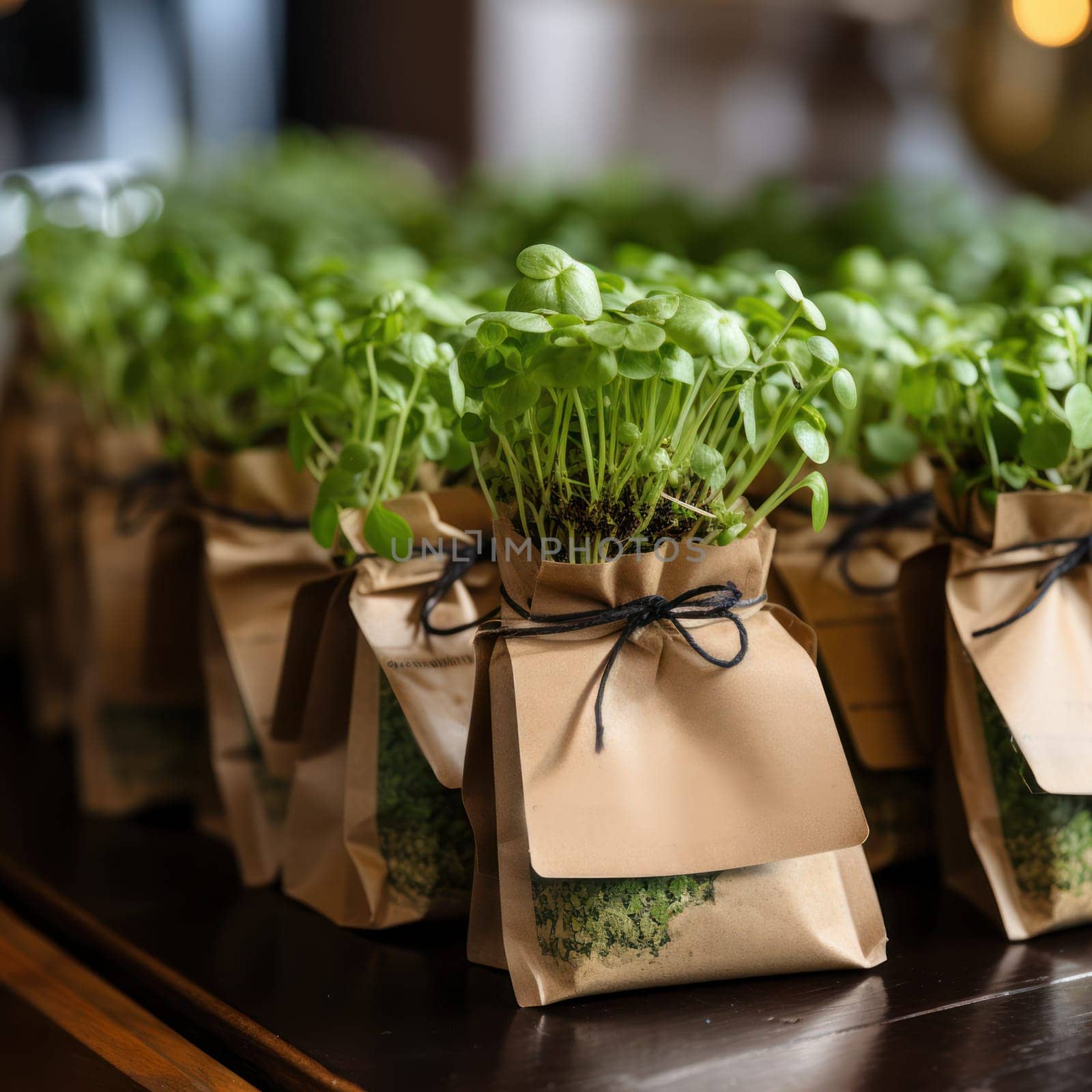 Green sprouts of microgreens carefully packed in craft bags for sale. Growing sprouted seeds, microgreens. Healthy lifestyle.