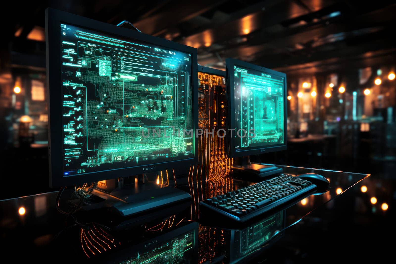 Keyboard and screens. Dark room with chips and data, corporate big data servers.