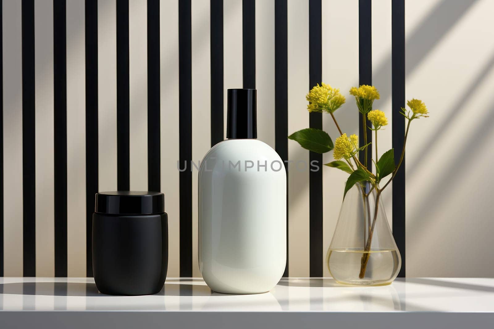 Cosmetic glass bottle of luxury product black and white design on graphic background. product presentation, demonstration of cosmetic products. Modern stylish bottle