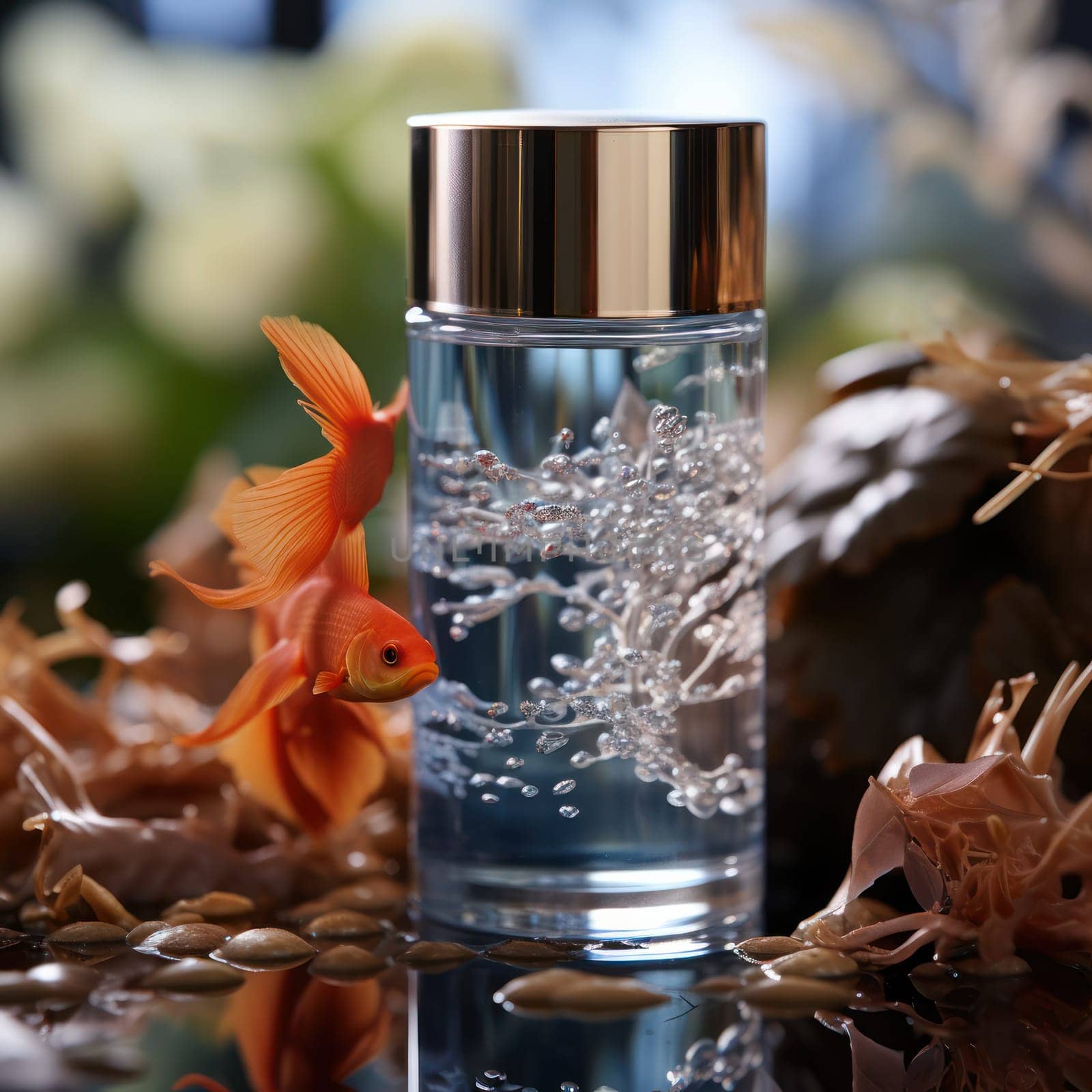 moisturizing cosmetic product underwater at the bottom of a pond against a blurred background of a fighting fish swimming behind.