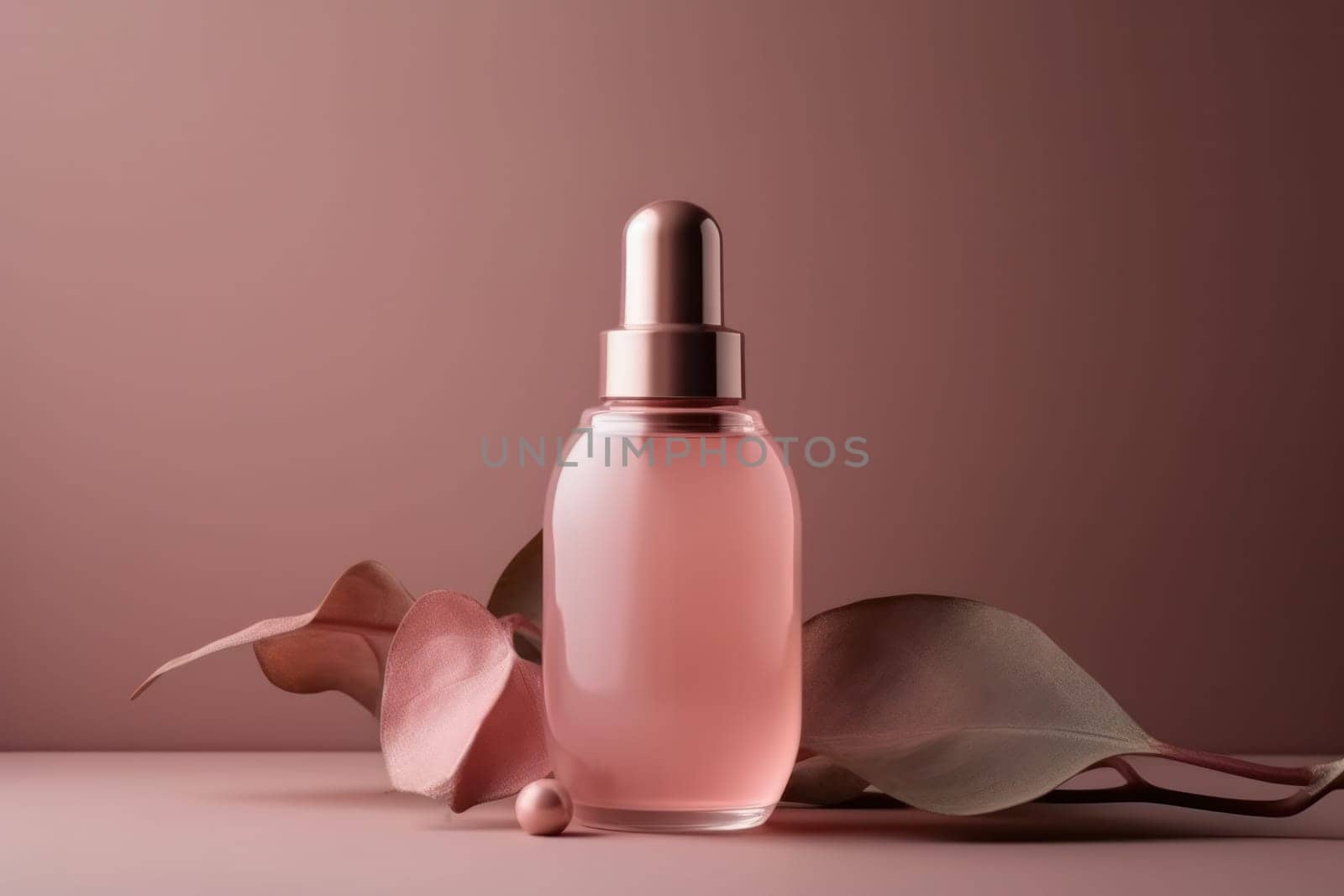 pink bottle with cosmetic or perfume products on a background of tea rose color