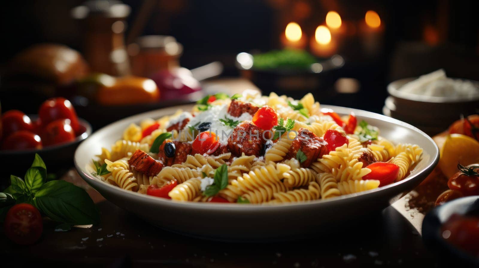 large plate of pasta with cheese, tomatoes and herbs. family lunch