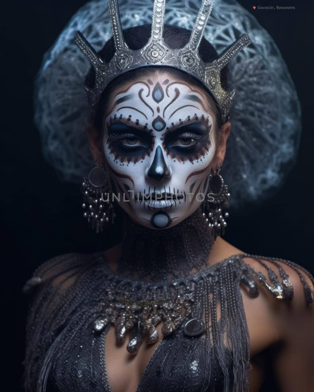 Woman with sugar skull makeup with jewelry. close-up.Dia de los muertos, mexican holiday of the dead Generative AI