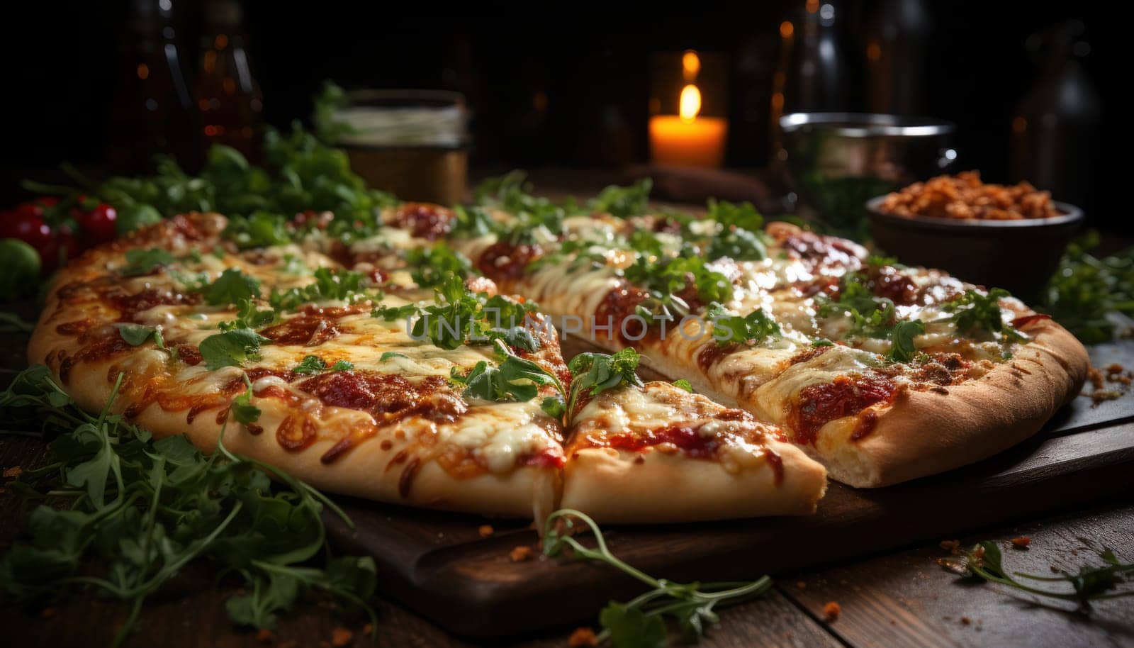 Homemade pizza with thick layer of cheese and tomatoes with herbs. Hot pizza from the oven on a wooden board with vegetables and spices