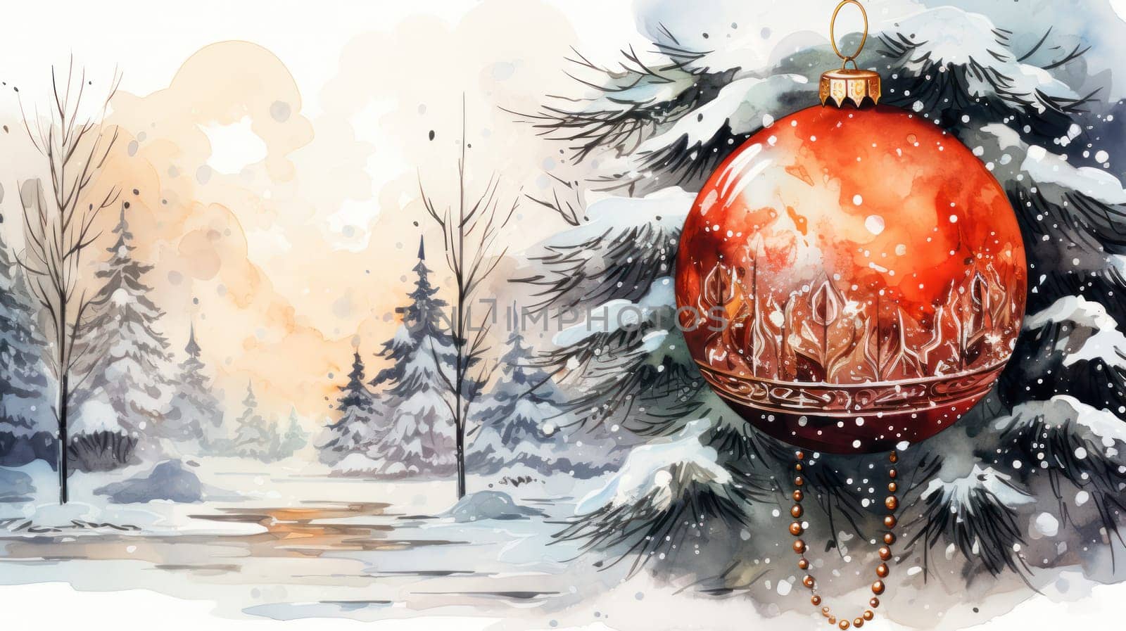 a red ball hangs on a Christmas tree branch covered with snow. Christmas background on a greeting card in watercolor style. free space for text. copy space