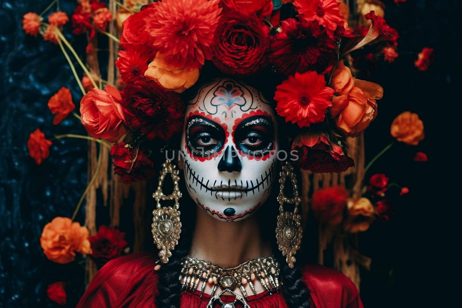 close-up young woman with make-up at the festival Day of the Dead - Dia de los Muertos - a holiday dedicated to the memory of the dead.against the backdrop of illumination.