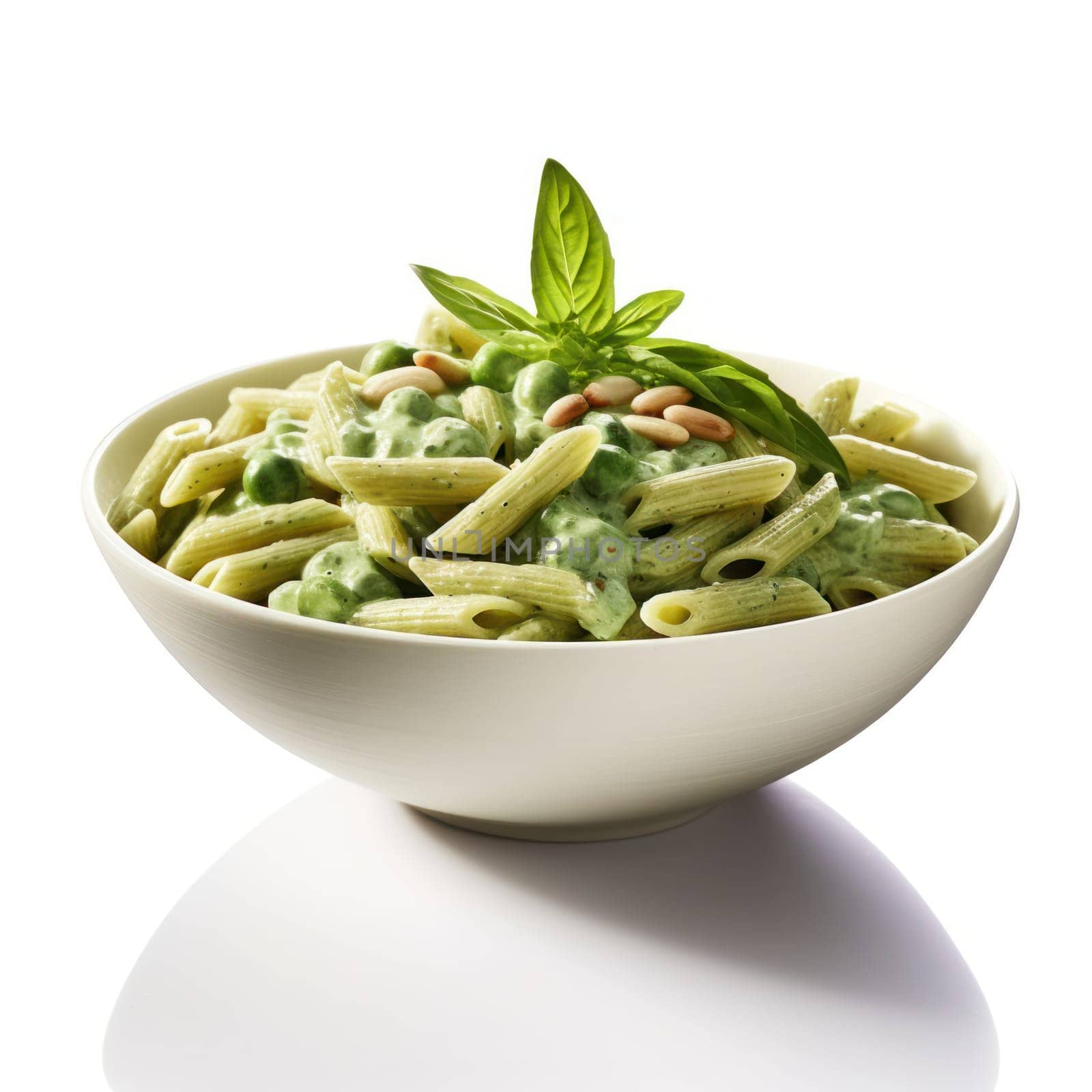 Penne pasta with gorgonzola sauce and spinach on a white background.
