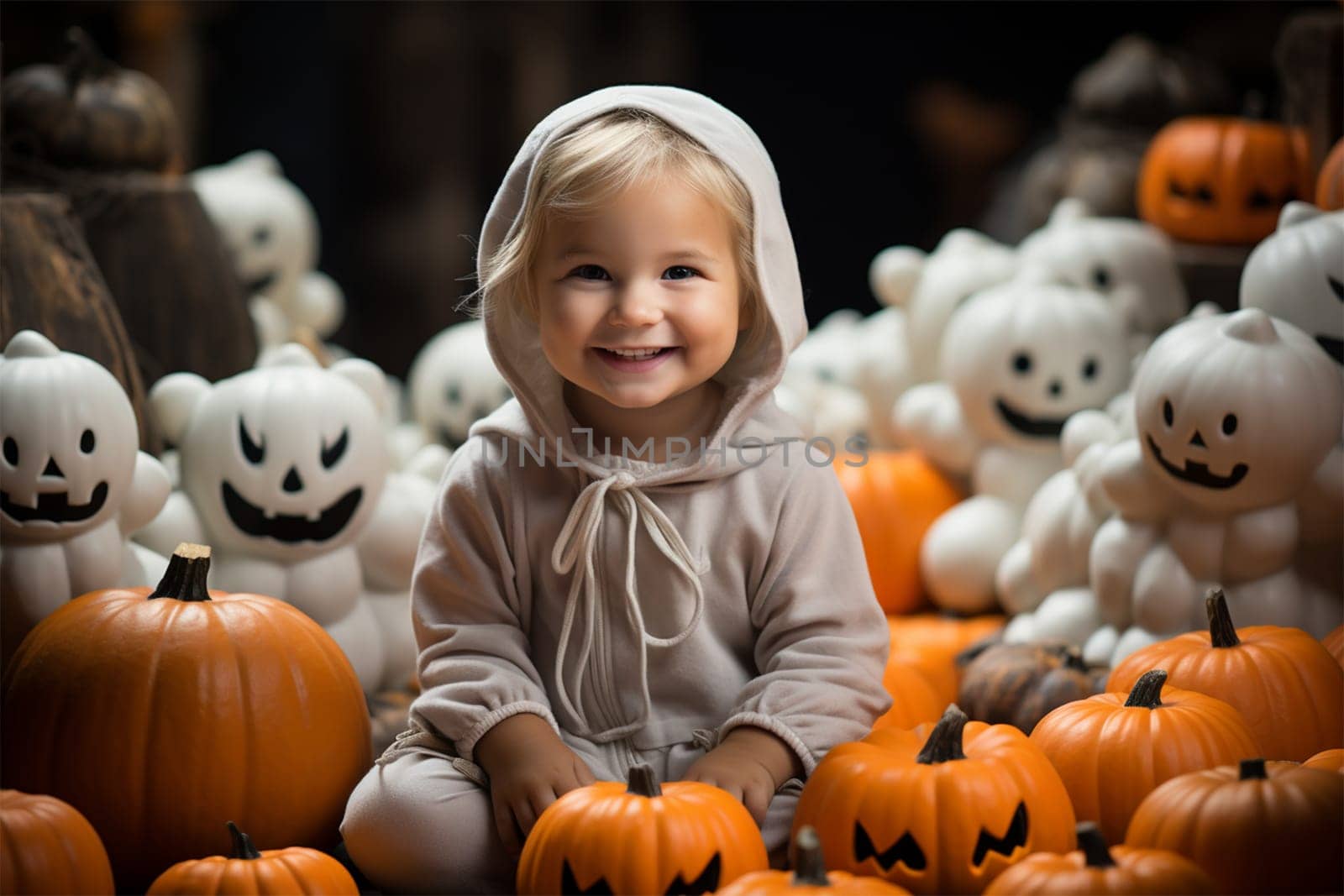 little girl among many pumpkins and toys in the store, children's Halloween, dark background.