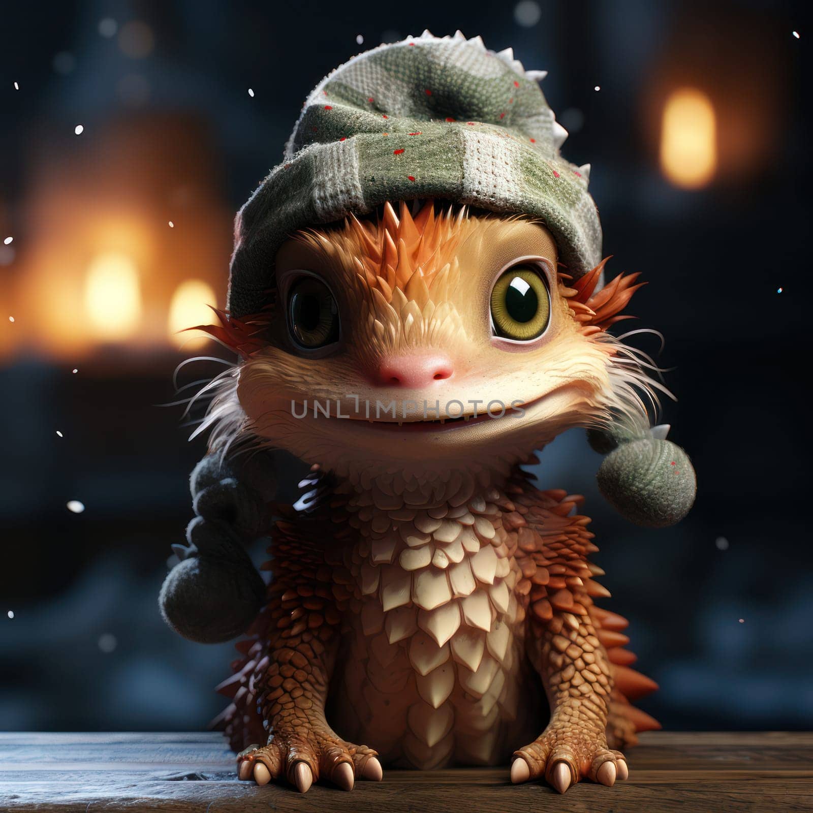 cute dragon in a Christmas atmosphere. little dragon in a green hat against the background of Christmas illumination. New Year.
