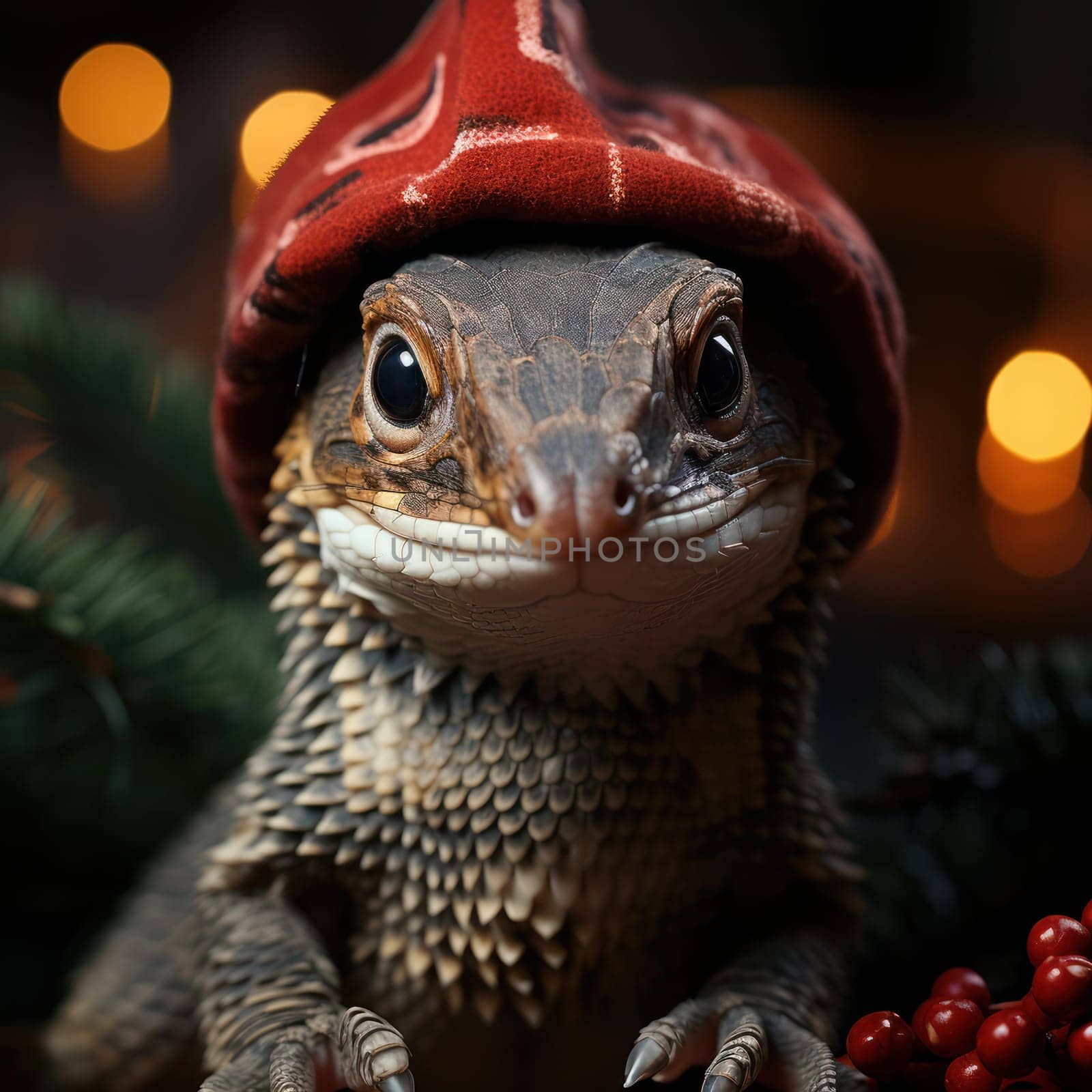 cute little dragon in a red Christmas cap against the background of festive New Year's illumination.