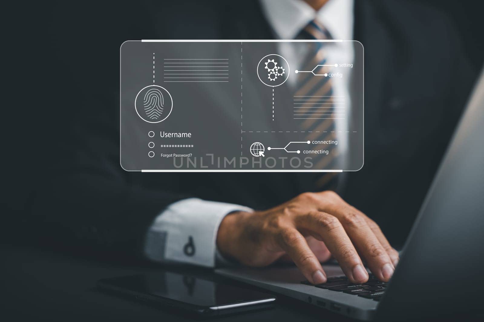 Futuristic biometric fingerprint scanner unlocking digital access to financial data, ensuring security and privacy. Global network scanning and surveillance cyber applications. digital identification