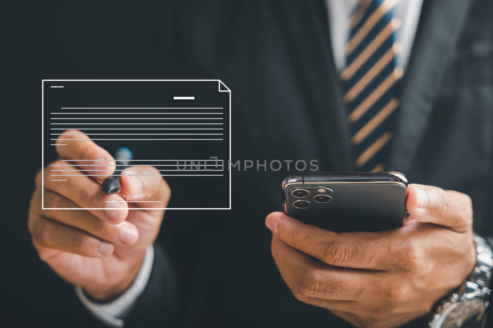 Professional businessman signs electronic documents on virtual screen using smartphone. Depicts seamless integration of technology and digital document management. Agreement is established.