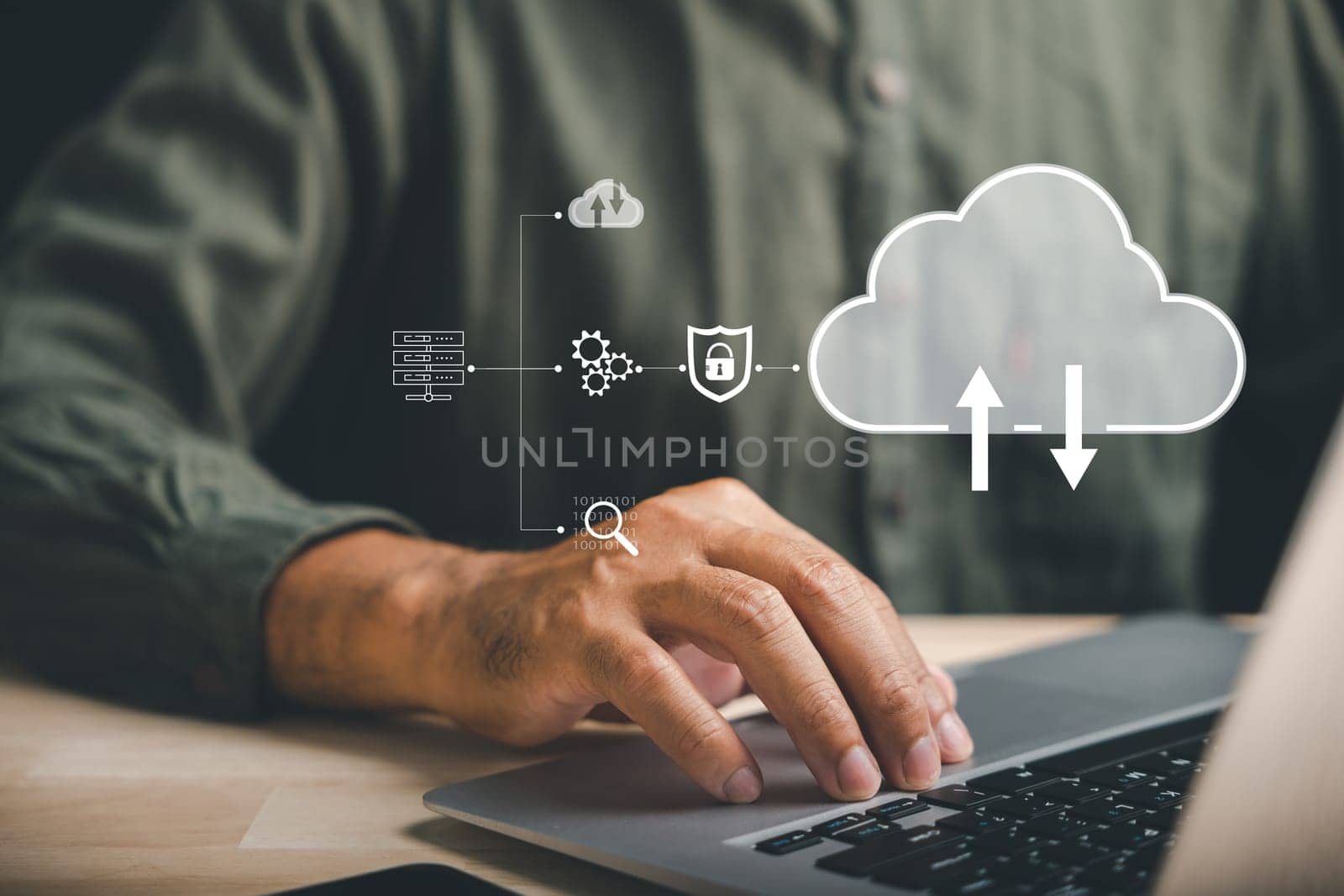 In a digital technology landscape, a computer engineer focuses on a laptop computer while surrounded by data center and big data storage. Discover the power of internet cloud network technology.