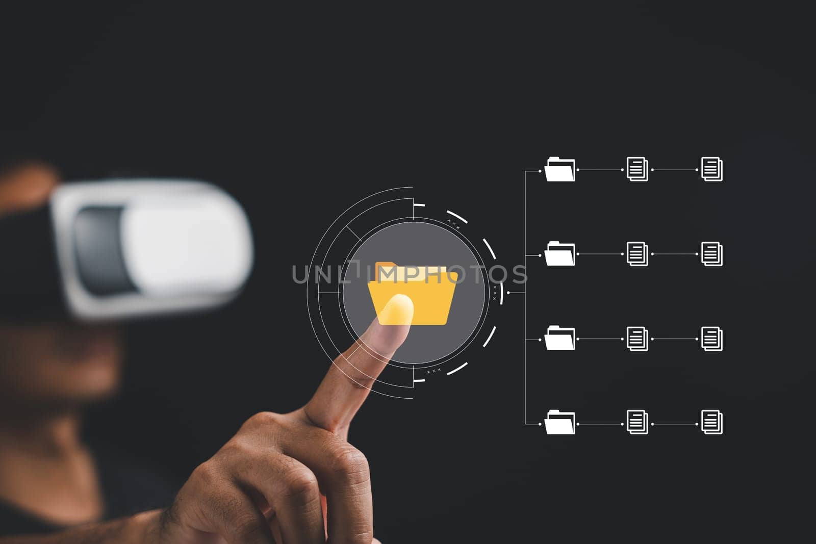 IT consultant in virtual reality VR working with a Document Management System DMS, a software solution for efficient data file archiving and management. Internet technology concept.