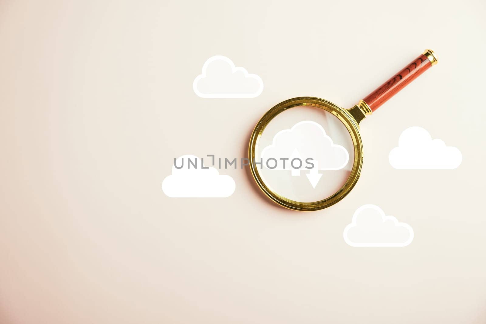 Cloud computing represented by magnifier glass focusing on big data. Downloading and loading information on system network application. Technology and digital solution.