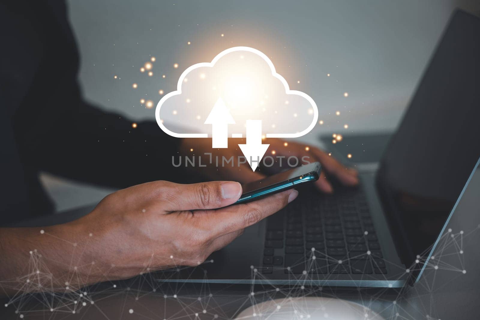 Cloud computing and networking technology concept. A man shows a digital screen with a cloud diagram. A businessman in the background represents global support and innovation
