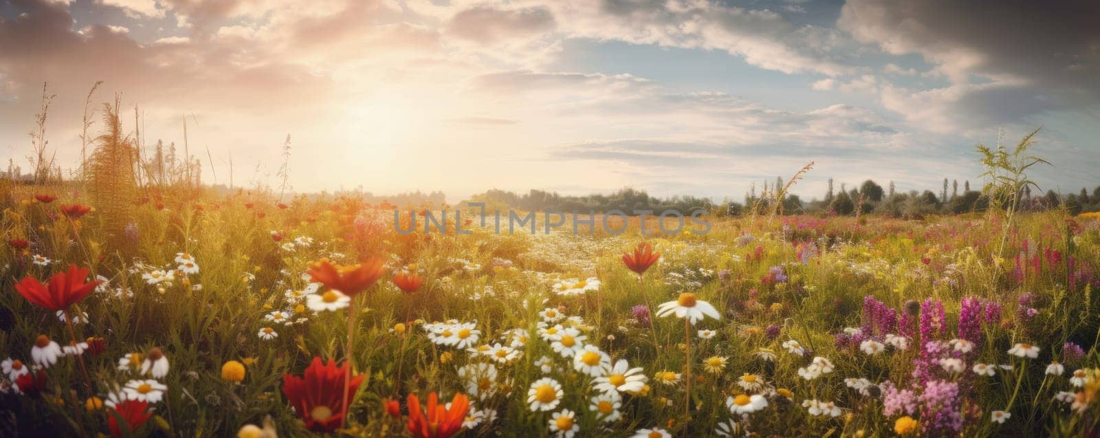 A tranquil and peaceful scenery of a stunning flower field with pink and white blooms under a clear blue sky and green grass. AI Generative.