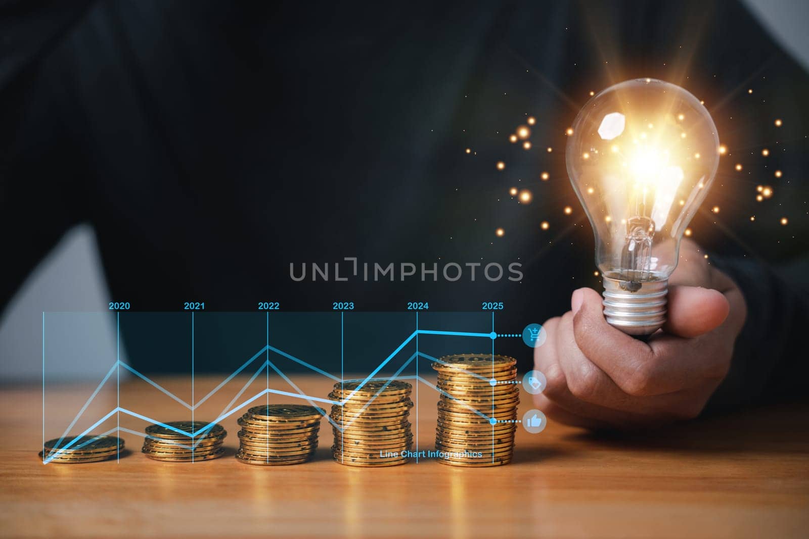 Bright idea of saving money and investing in wealth. Hand holding a light bulb with coins stack and chart graph, creative concept of financial planning. This innovative idea is a symbol of success