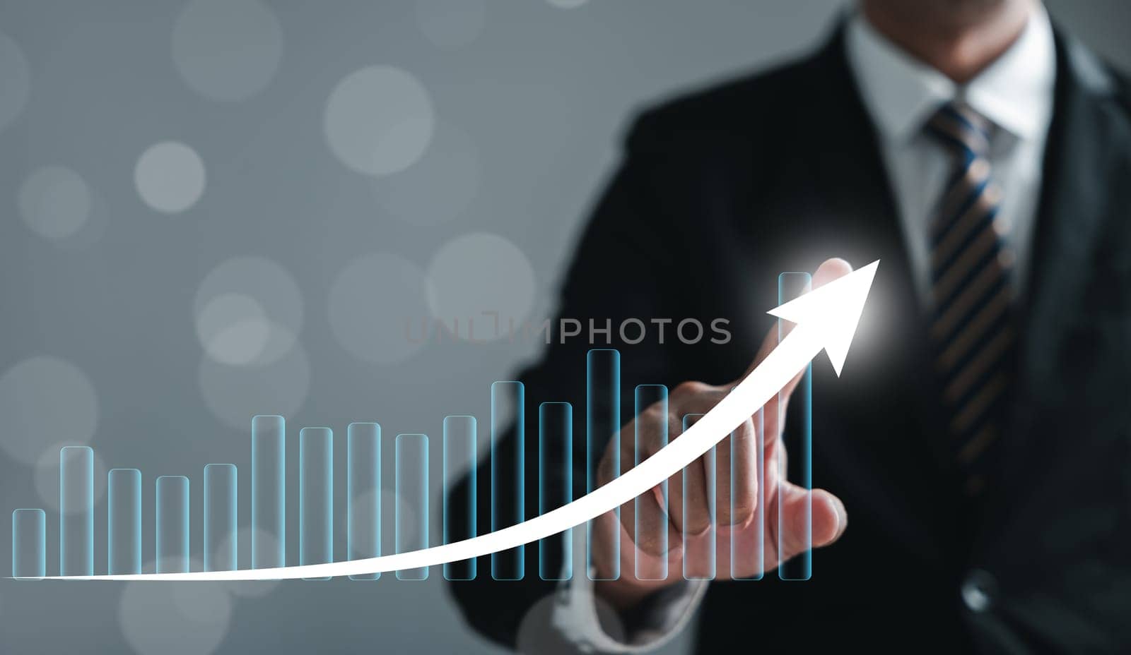 The narrative of development to success and growing growth is defined by business analysis, financial investment, and tech concept. Financial graph on virtual screen illuminates the path.