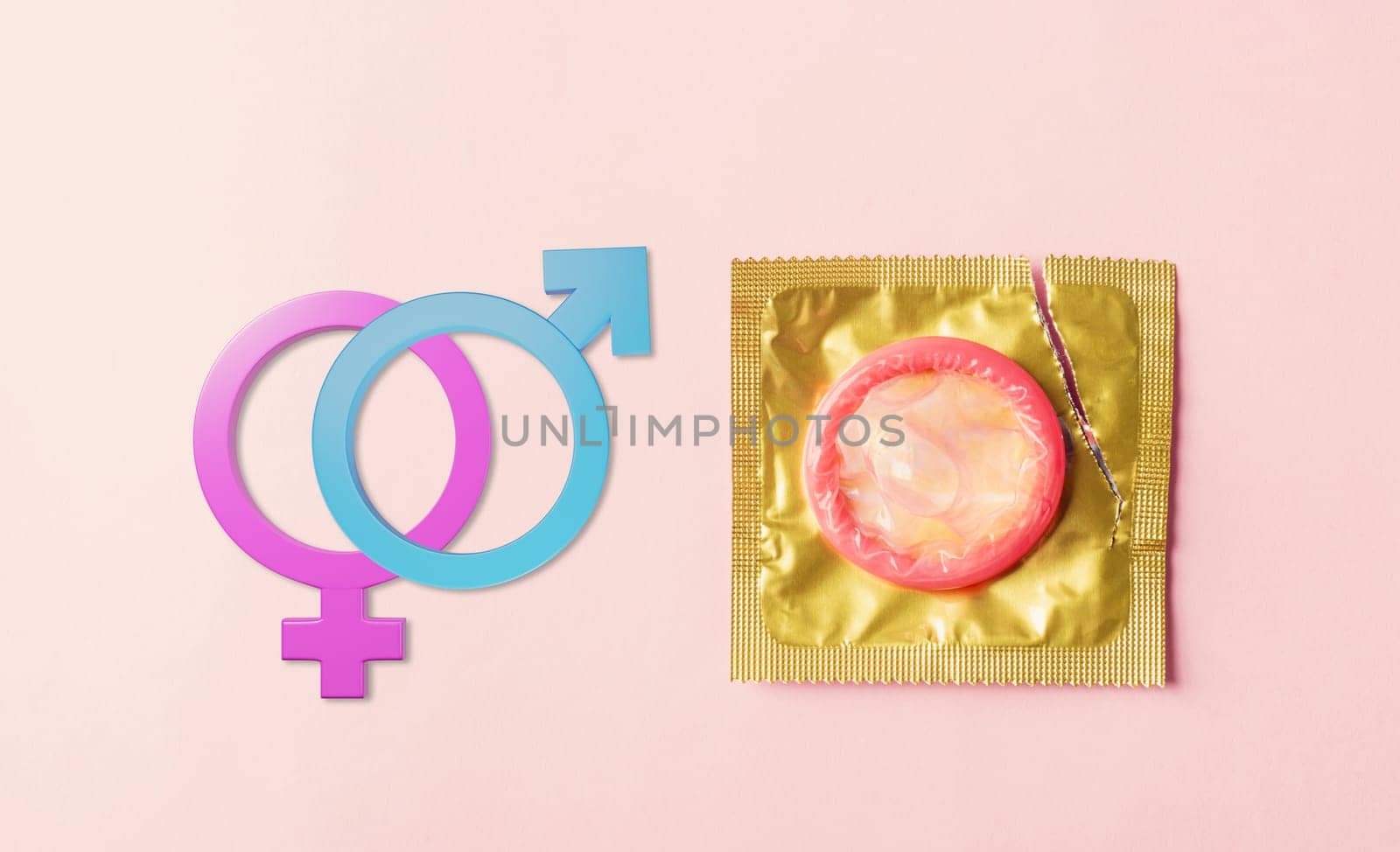 World sexual health or Aids day, Top view flat lay condom in wrapper pack tear open and Male, female gender signs, studio shot isolated on pink background, Safe sex and reproductive health concept