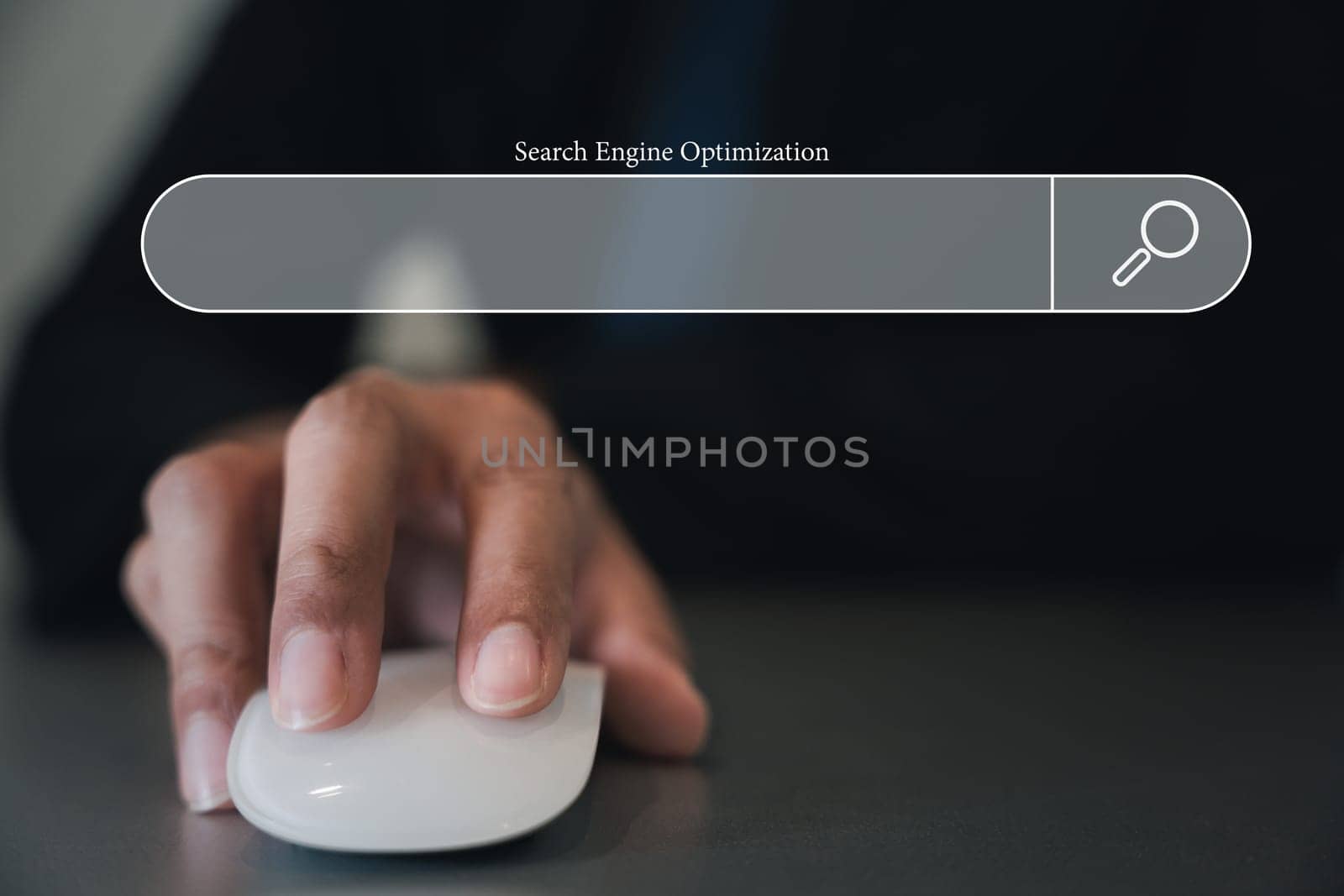 Technology Search Engine Optimization SEO. Business man holding white mouse on hand and 3D blank search bar, Searching internet browsing networking for data information, clicking internet