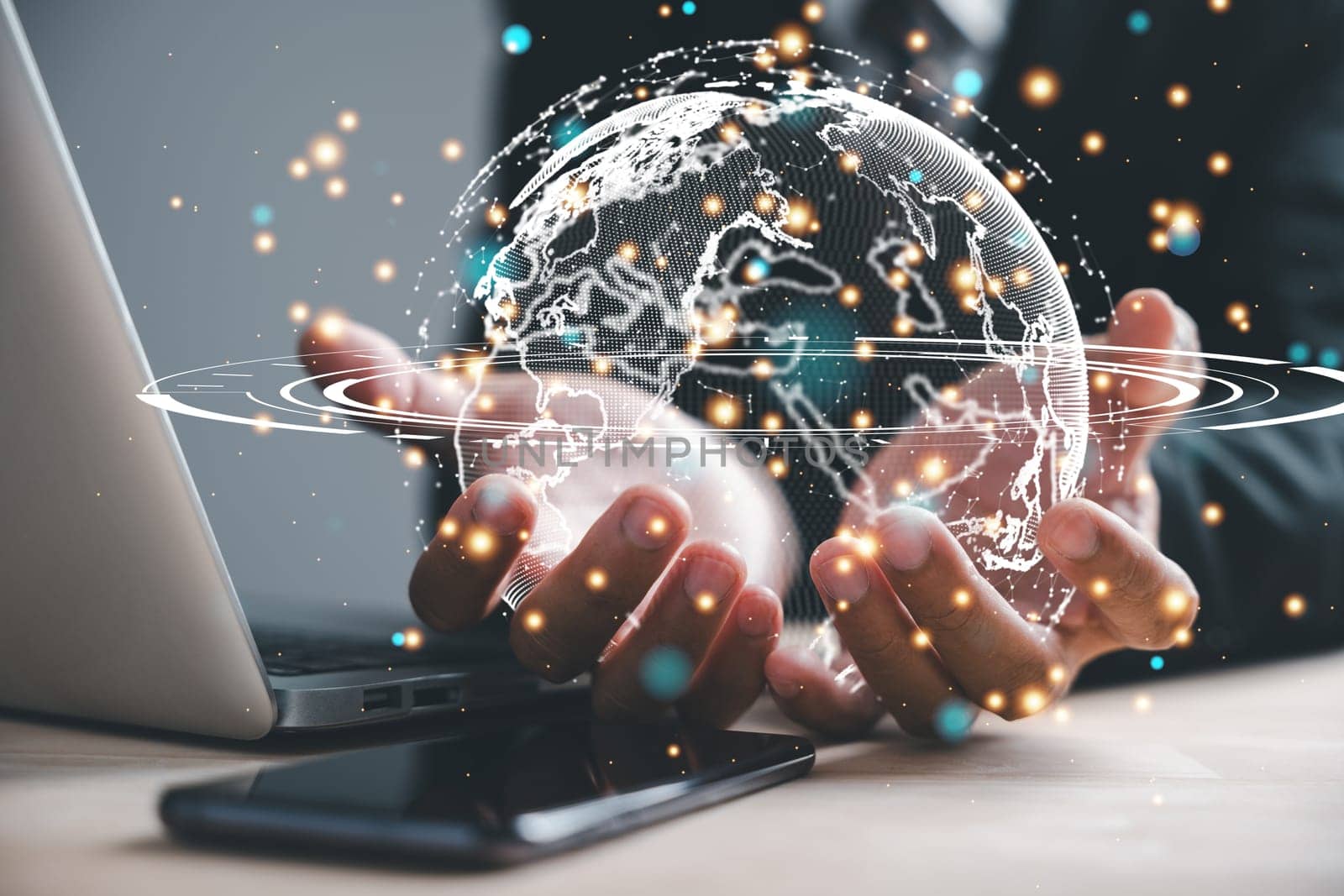 Human hands, Earth emerges as a symbol of global network connections and innovative technology. A concept representing science, communication, and energy-saving. Background , Big data analytics