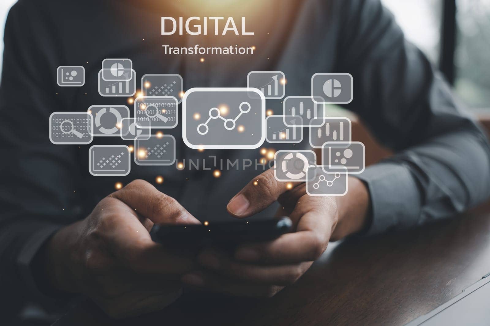 Business performance concept, People analyzing graphs on virtual screen. Digital transformation change management, big data analytics