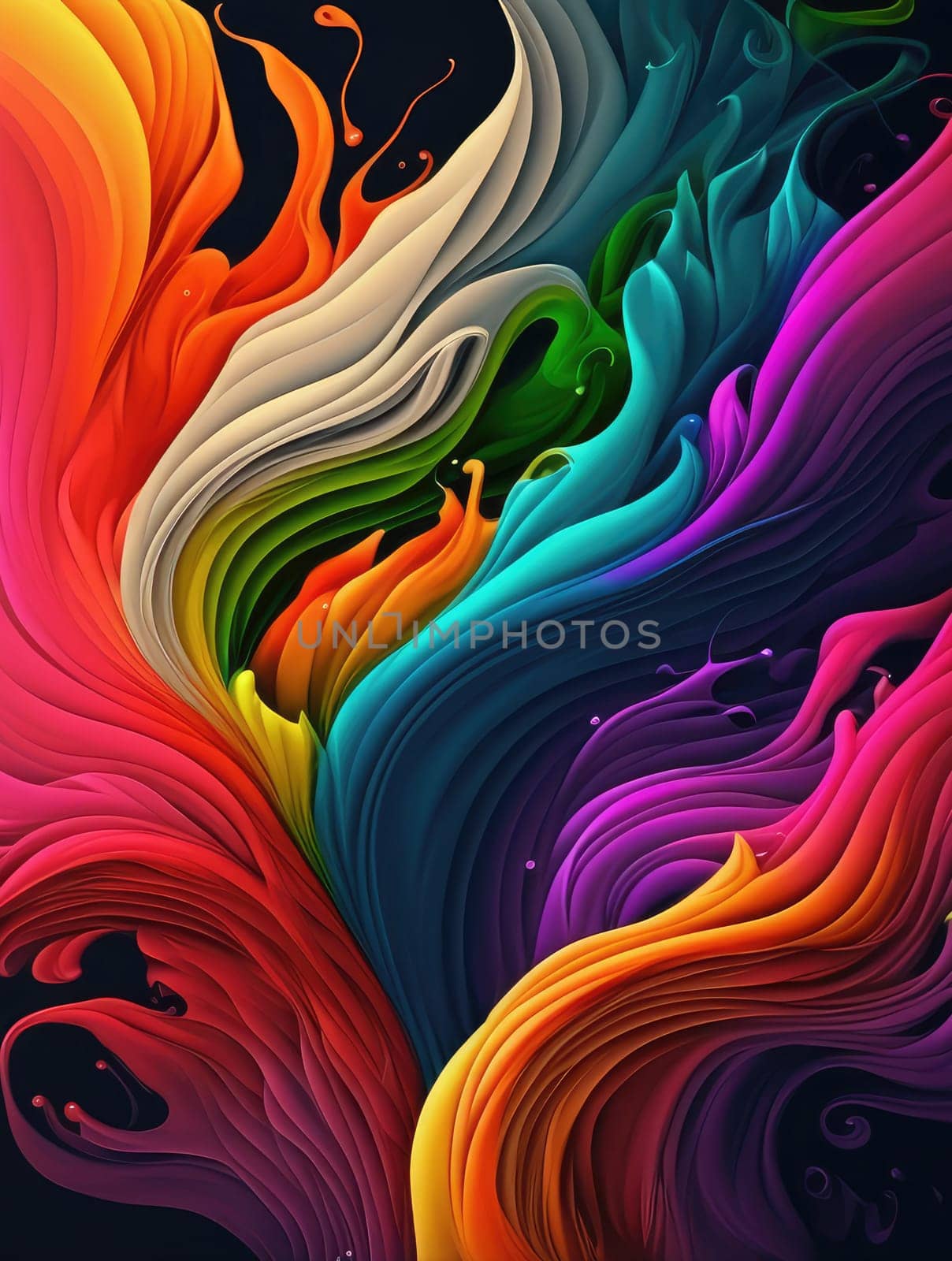 Rainbow liquid paints on black background. Generative AI drawing