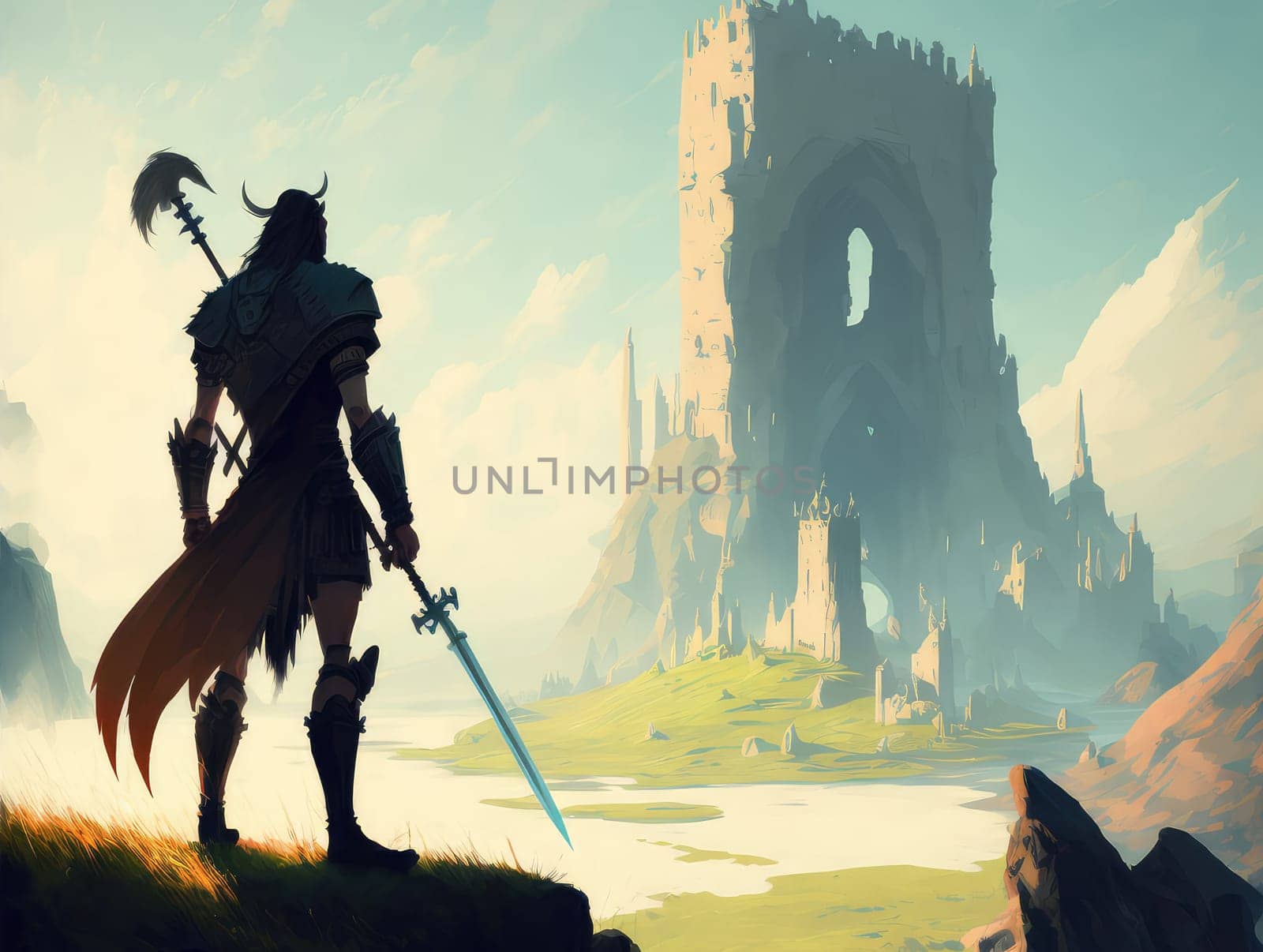 Fantasy landscape with warrior and castle. Generative AI drawing