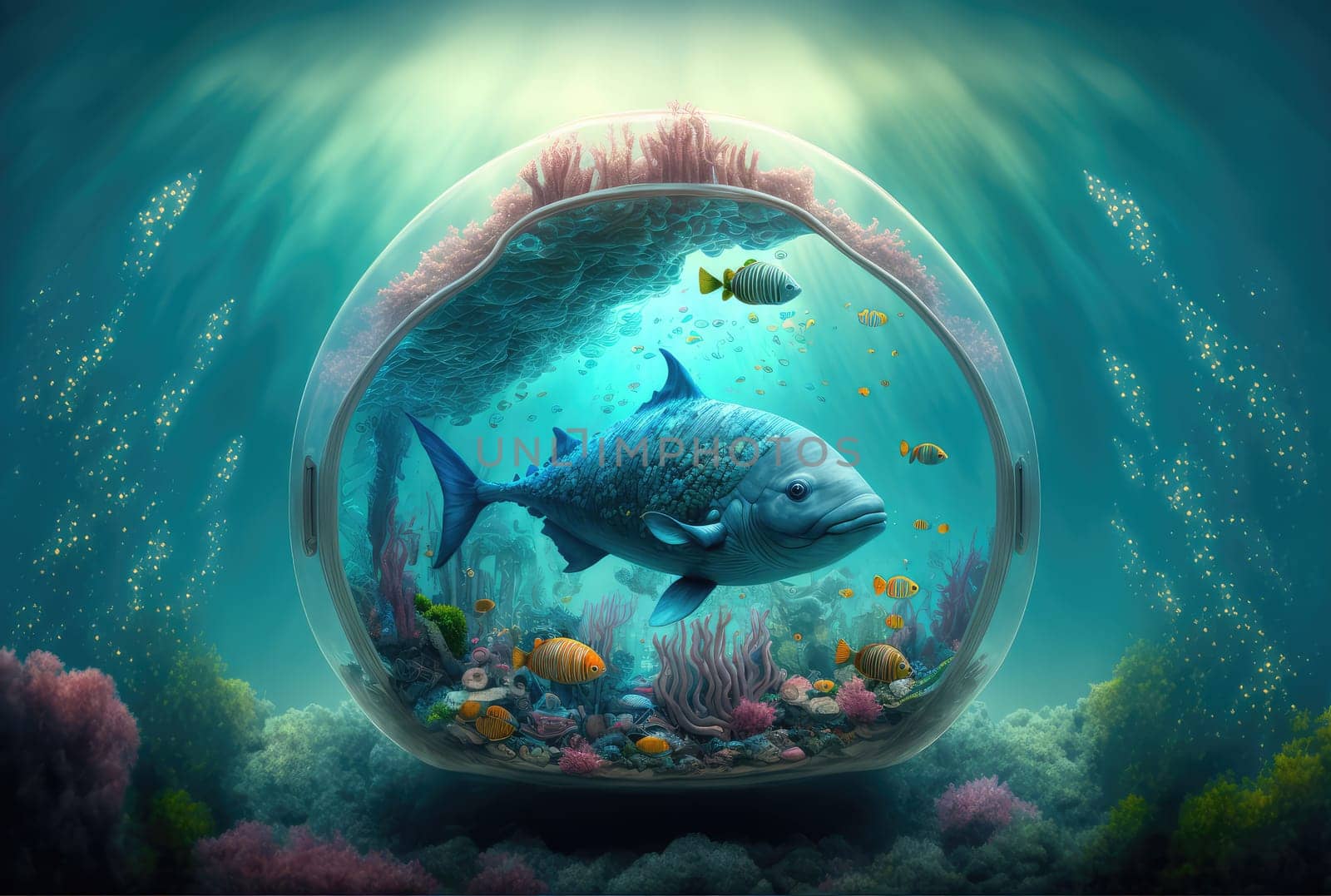 Underwater world with colorful fish. Generative AI design