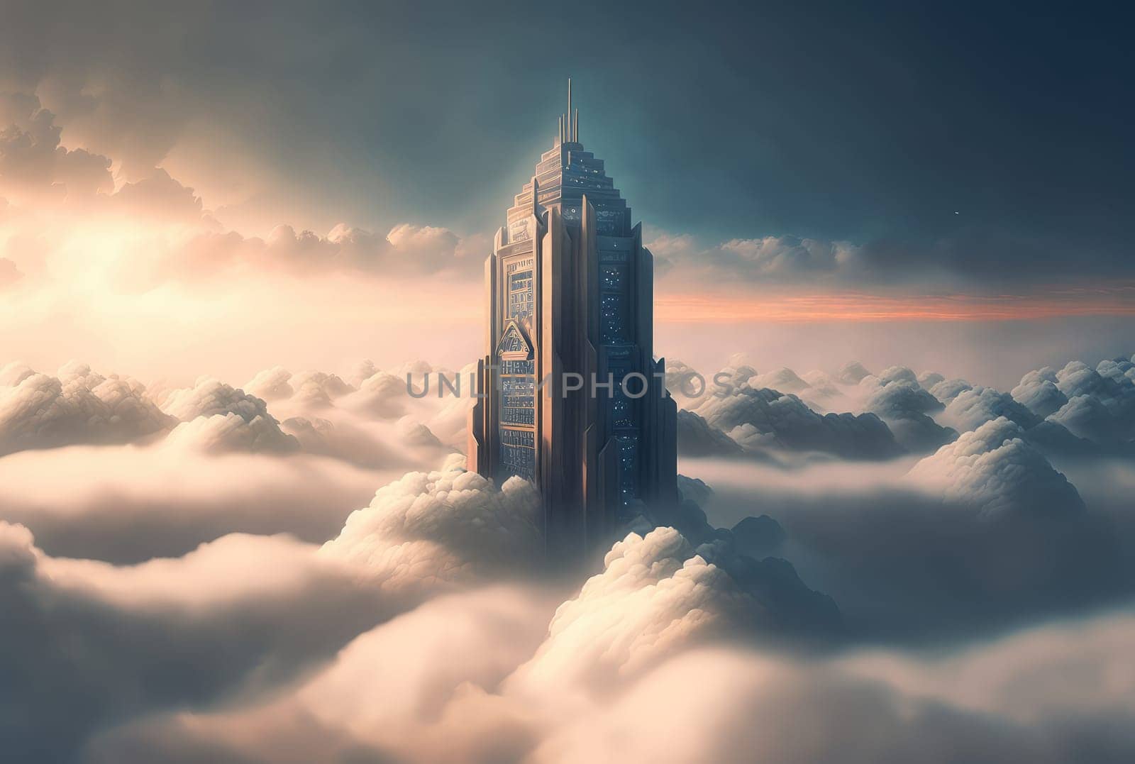Skyscraper above the clouds. Generative AI design